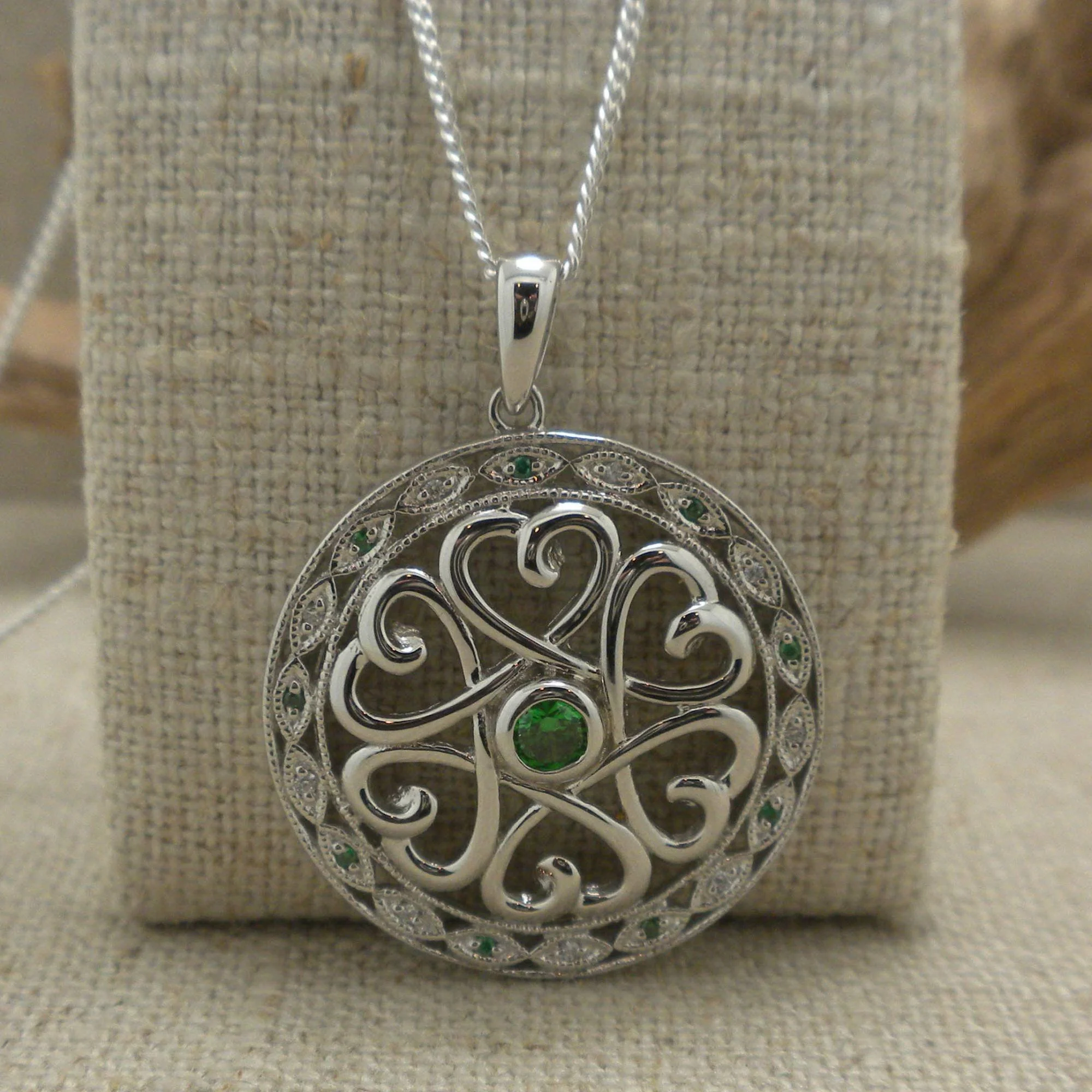 Sterling Irish Celtic Heart Pendant with White &amp; Green CZs by FADO