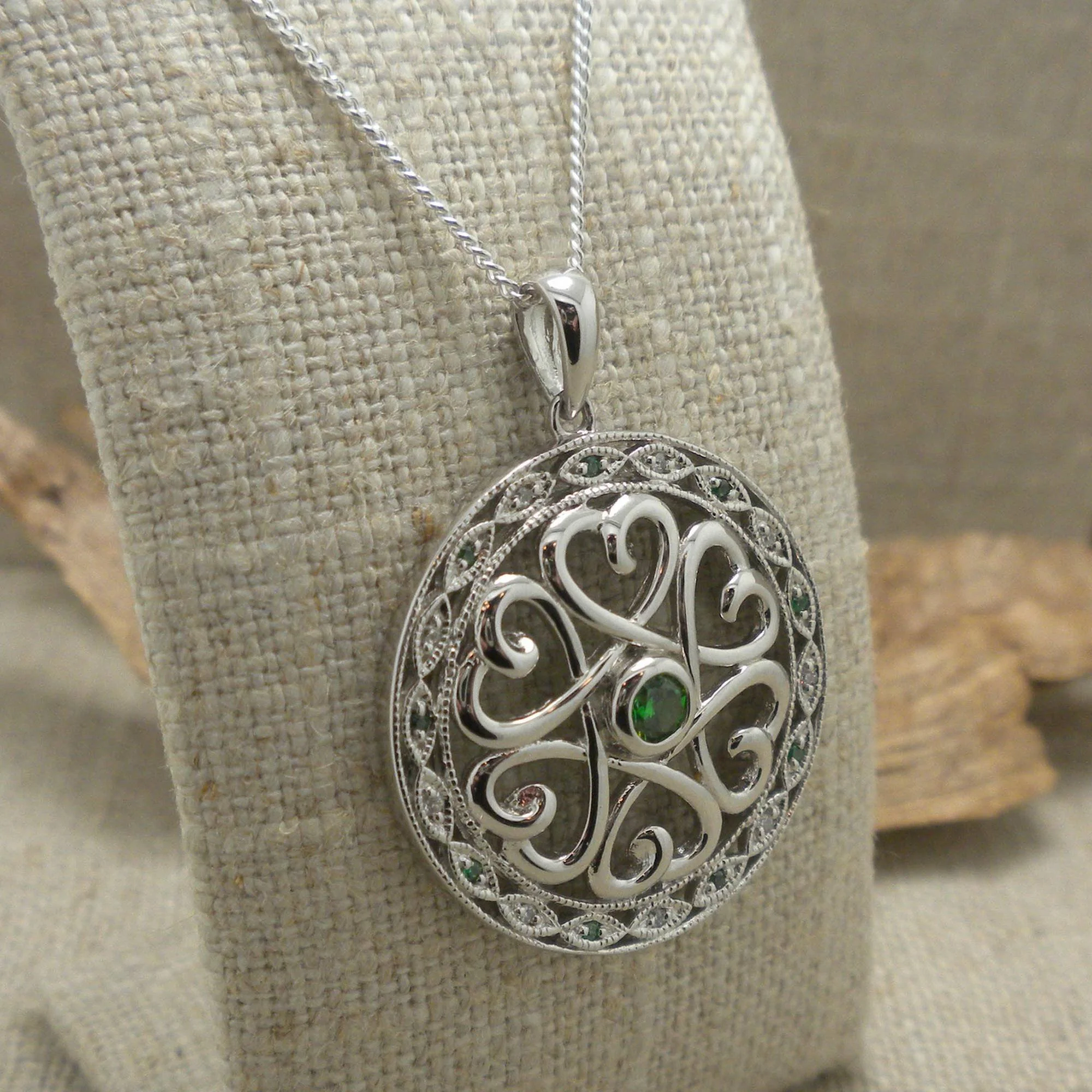 Celtic Heart Pendant with White &amp; Green CZs 