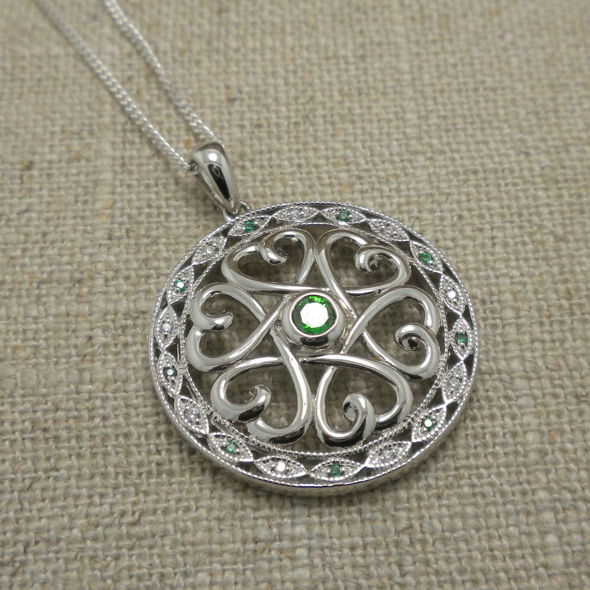 Sterling Silver Irish Celtic Heart Pendant with White &amp; Green CZs 