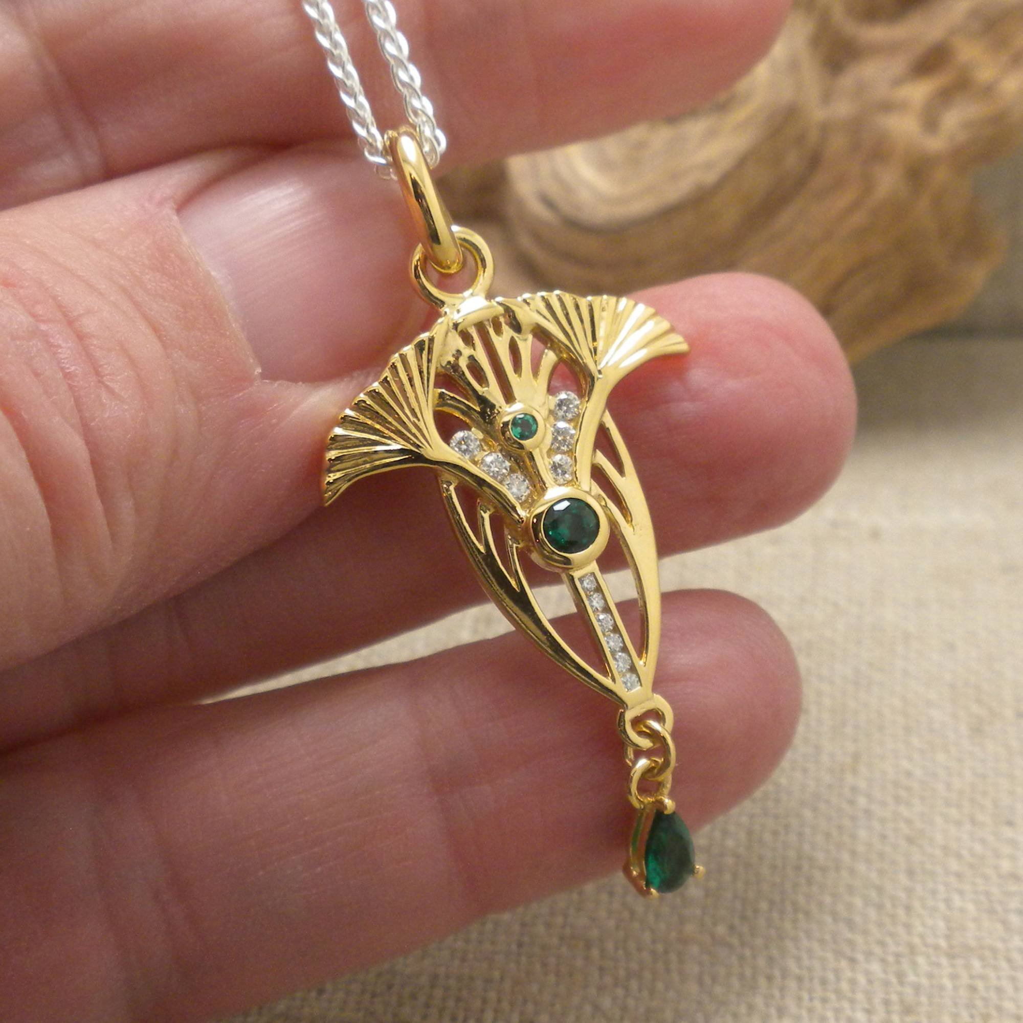 24k Vermeil over Silver with Lab Grown Emerald and White Moissanite Alchemy Pendant
