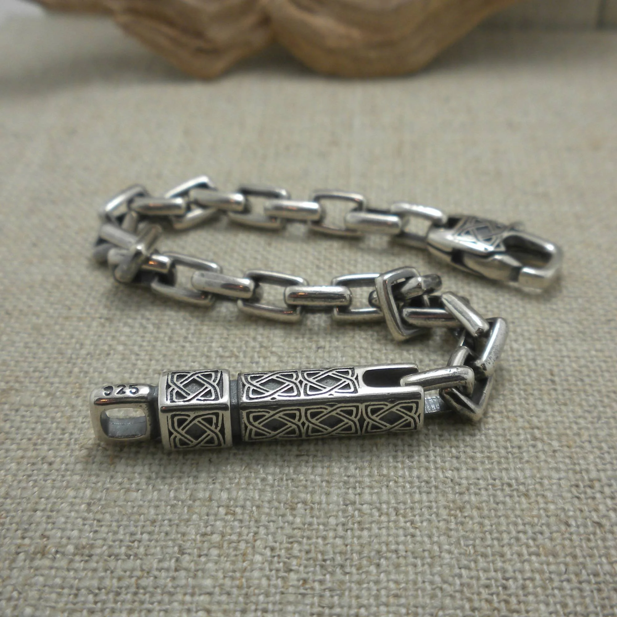 Oxidized Silver Celtic Rectangle Link Bar End Bracelet