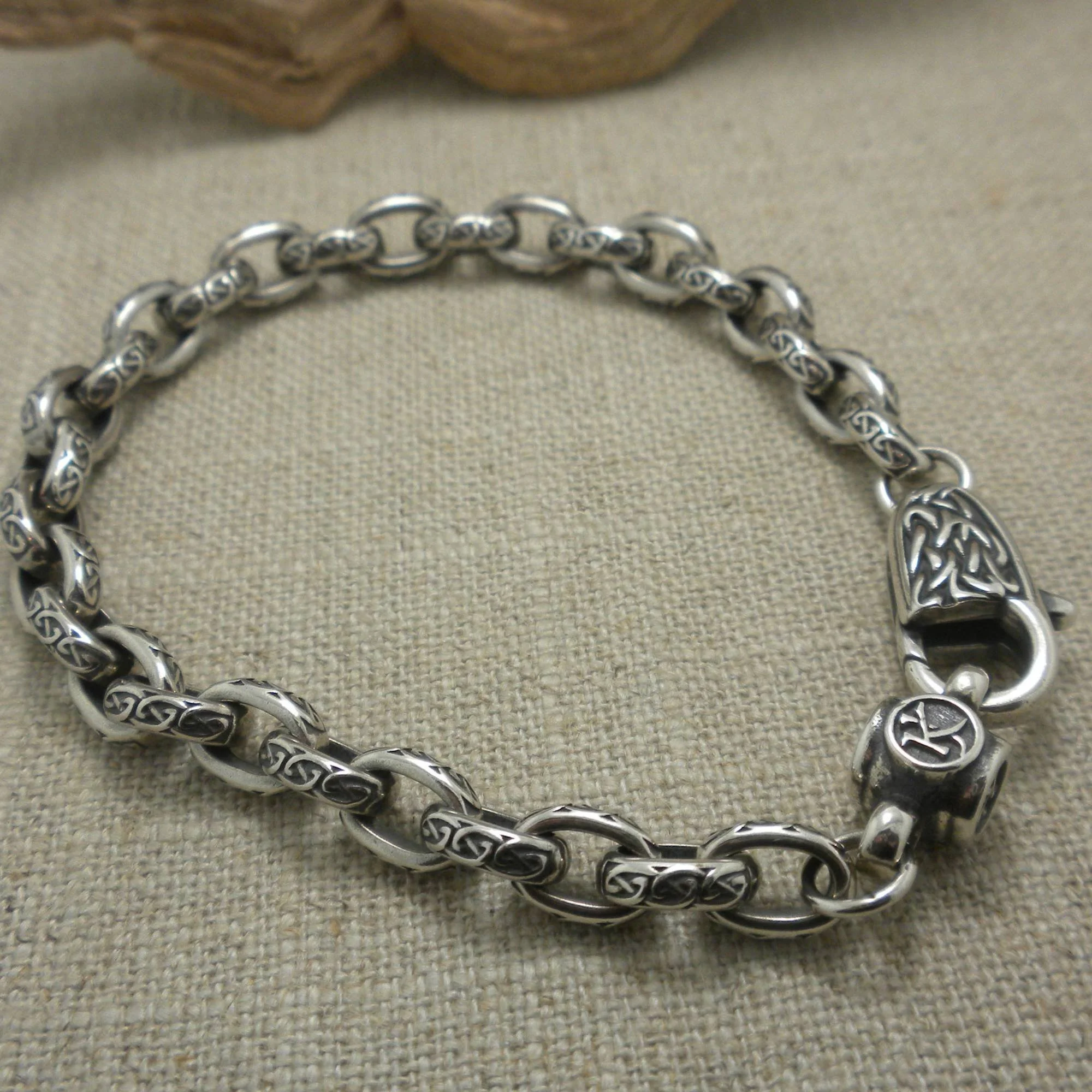 Oxidized Silver Knotwork Link Chain Bracelet by Keith Jack
