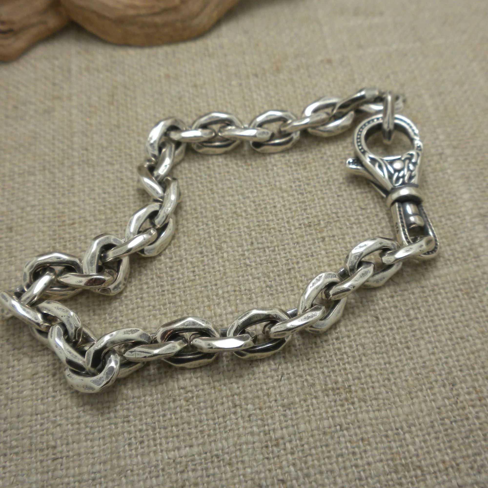 Oxidized Silver Bevel Link Chain Bracelet by Keith Jack