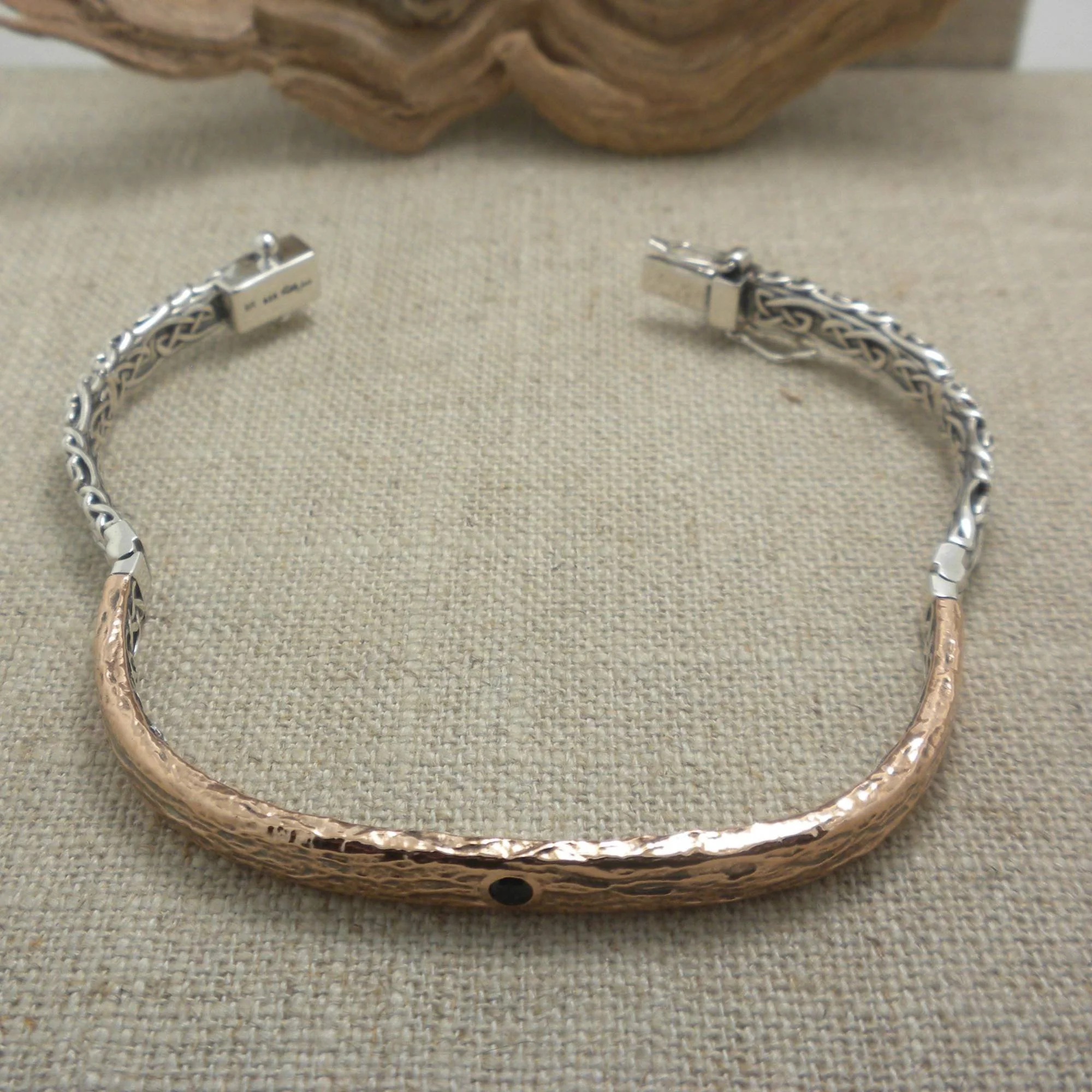 Sterling Silver and Bronze Celtic Bangle with Lab Sapphire