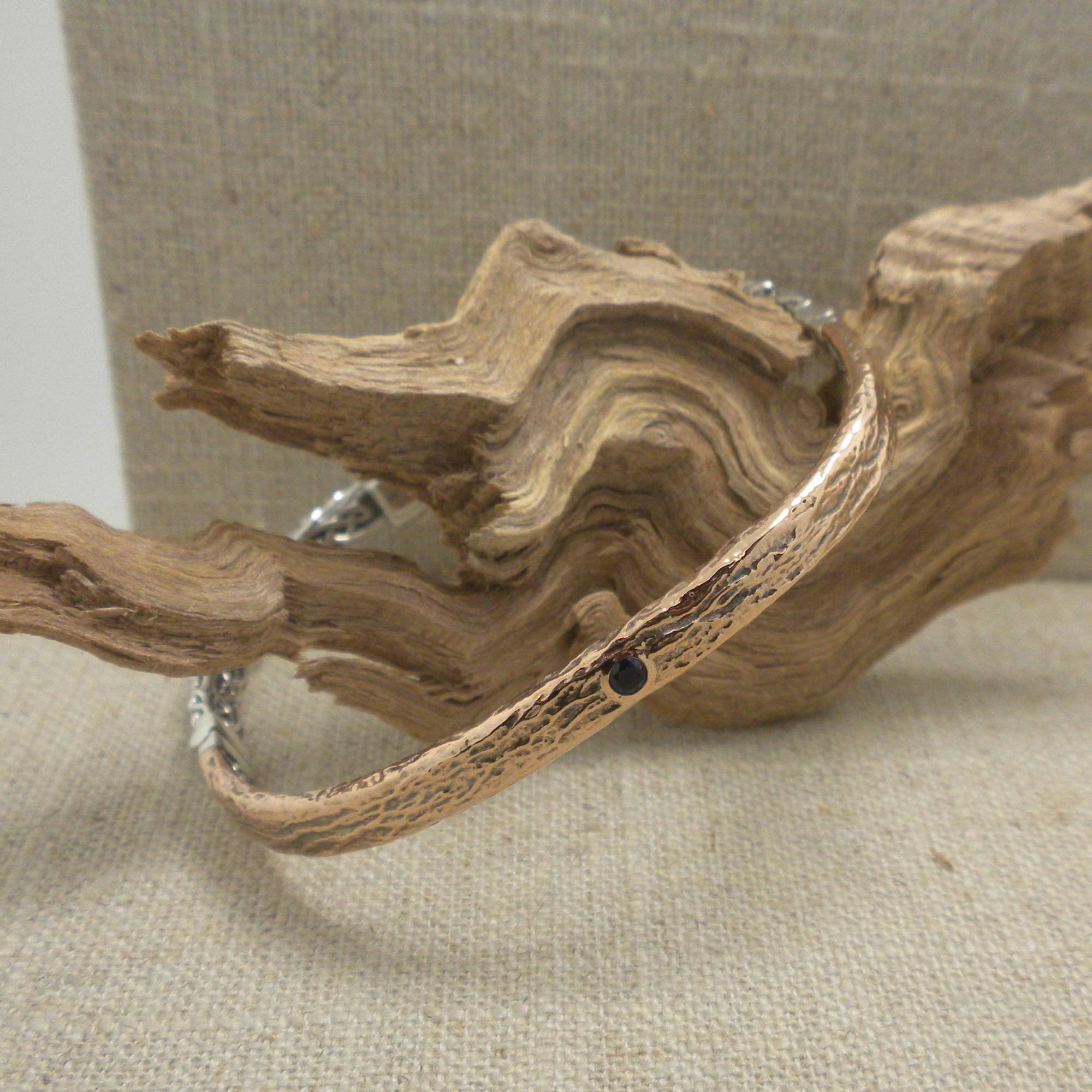 Sterling Silver and Bronze Celtic Bangle with Lab Sapphire