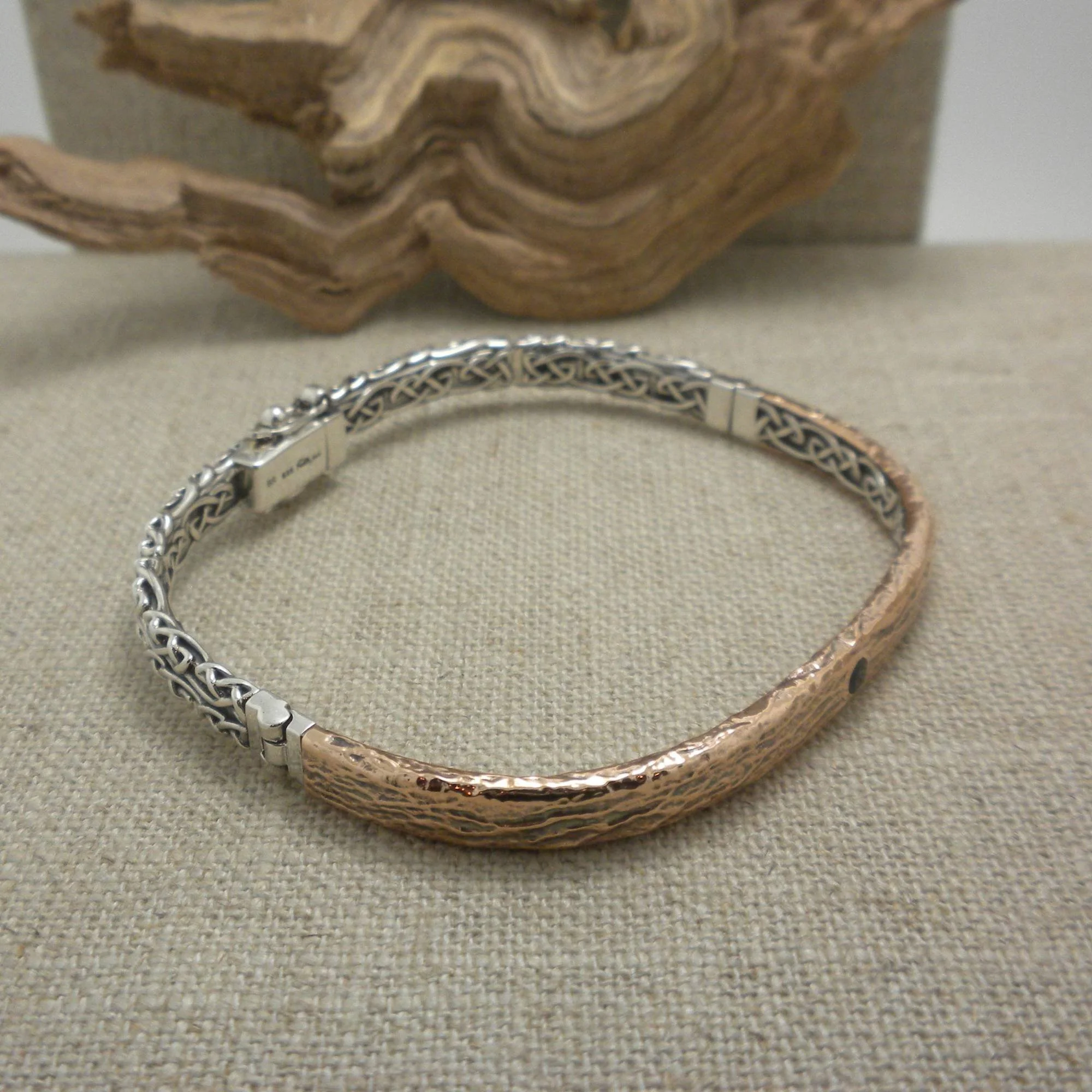 Sterling Silver and Bronze Celtic Bangle with Lab Sapphire by Keith Jack