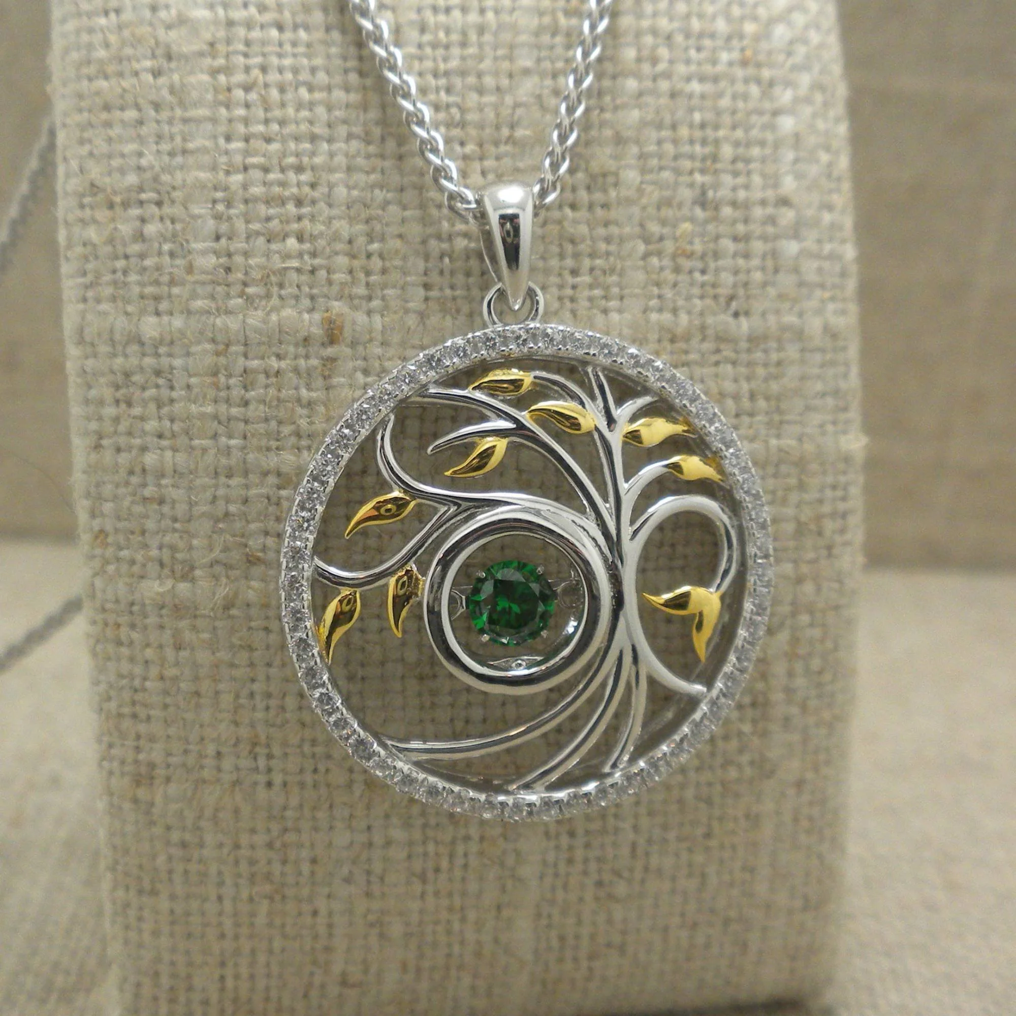 Sterling Silver Celtic Tree of Life Pendant with Green Dancing CZ Stone