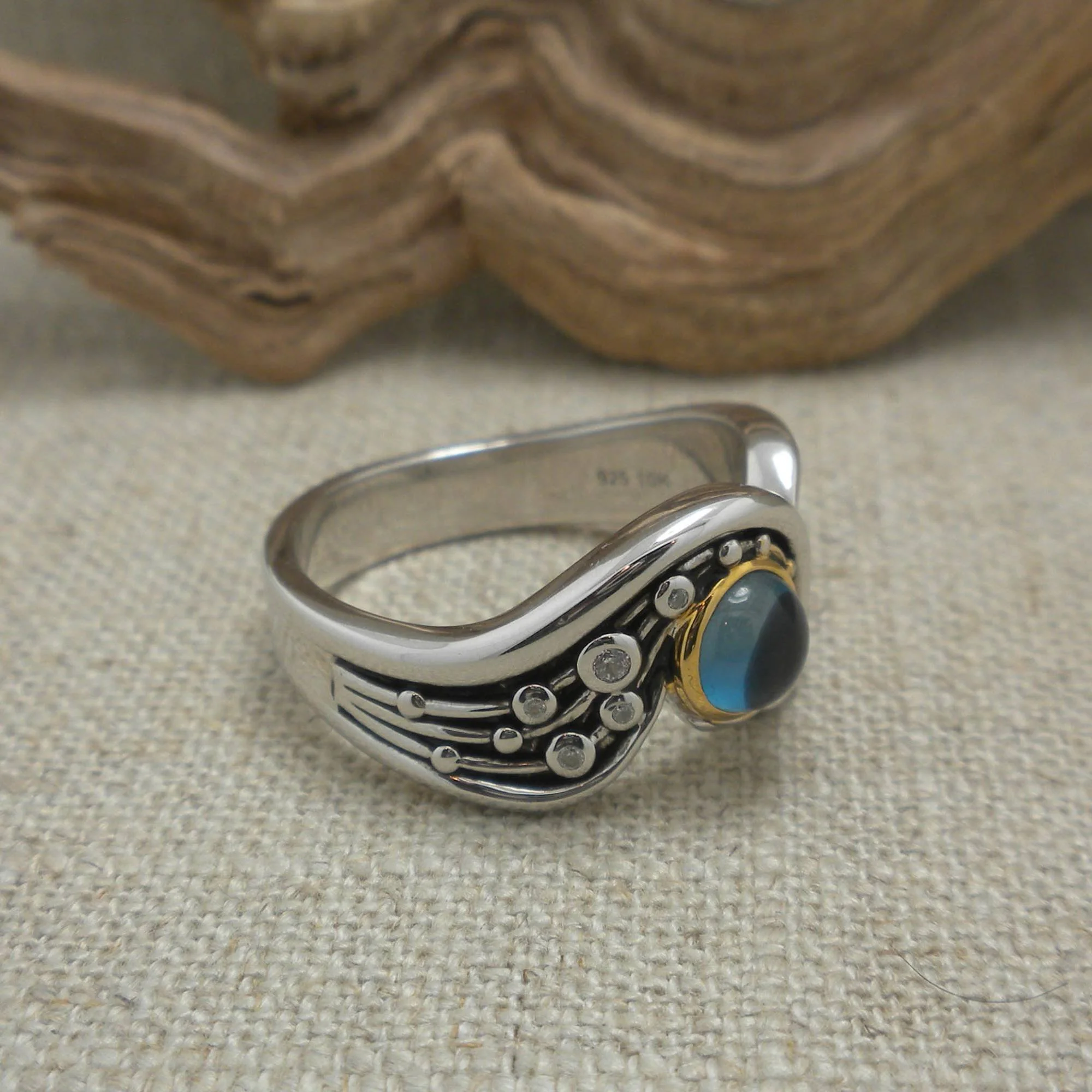 Sterling Silver &amp; 10K Celestial Ring with London Blue Topaz by Keith Jack