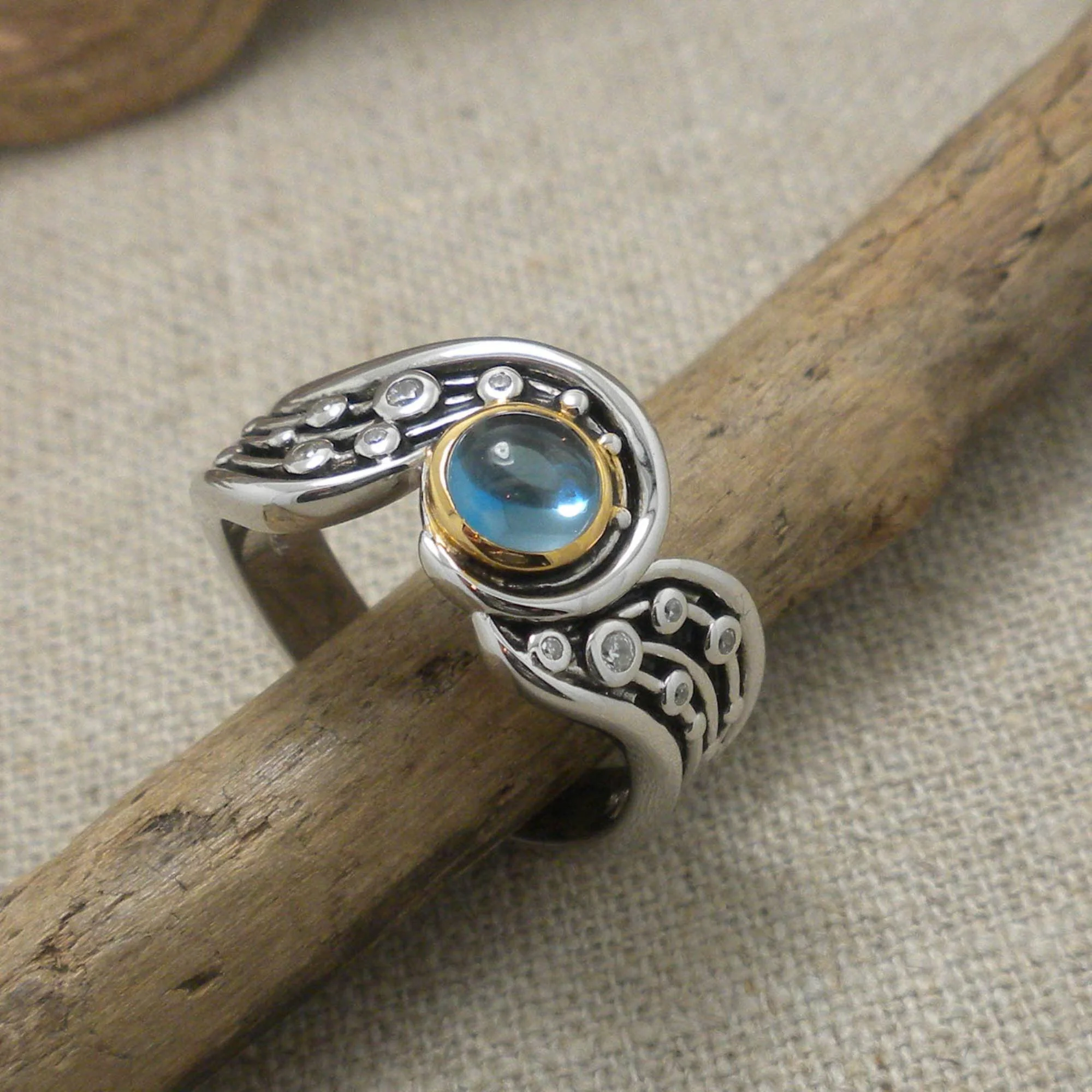 Sterling Silver &amp; 10K Celestial Ring with London Blue Topaz