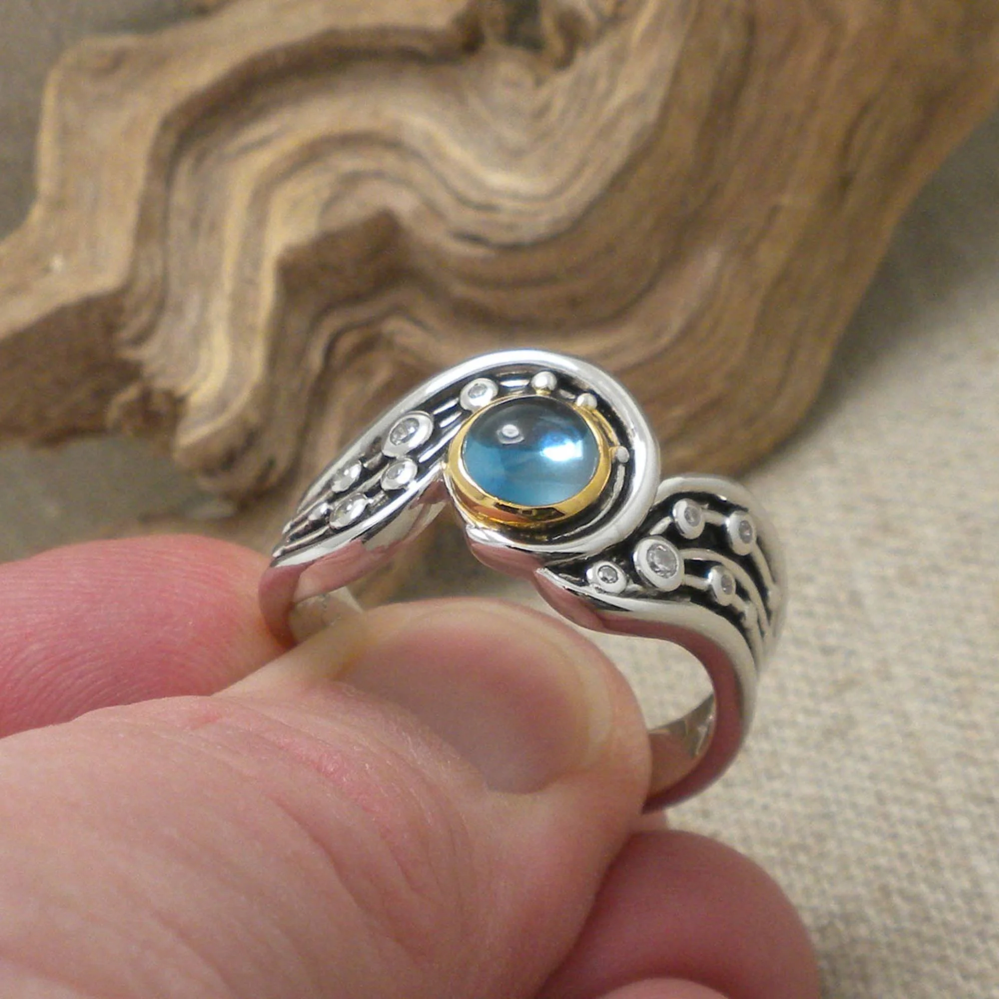 Sterling Silver &amp; 10K Celestial Ring with London Blue Topaz