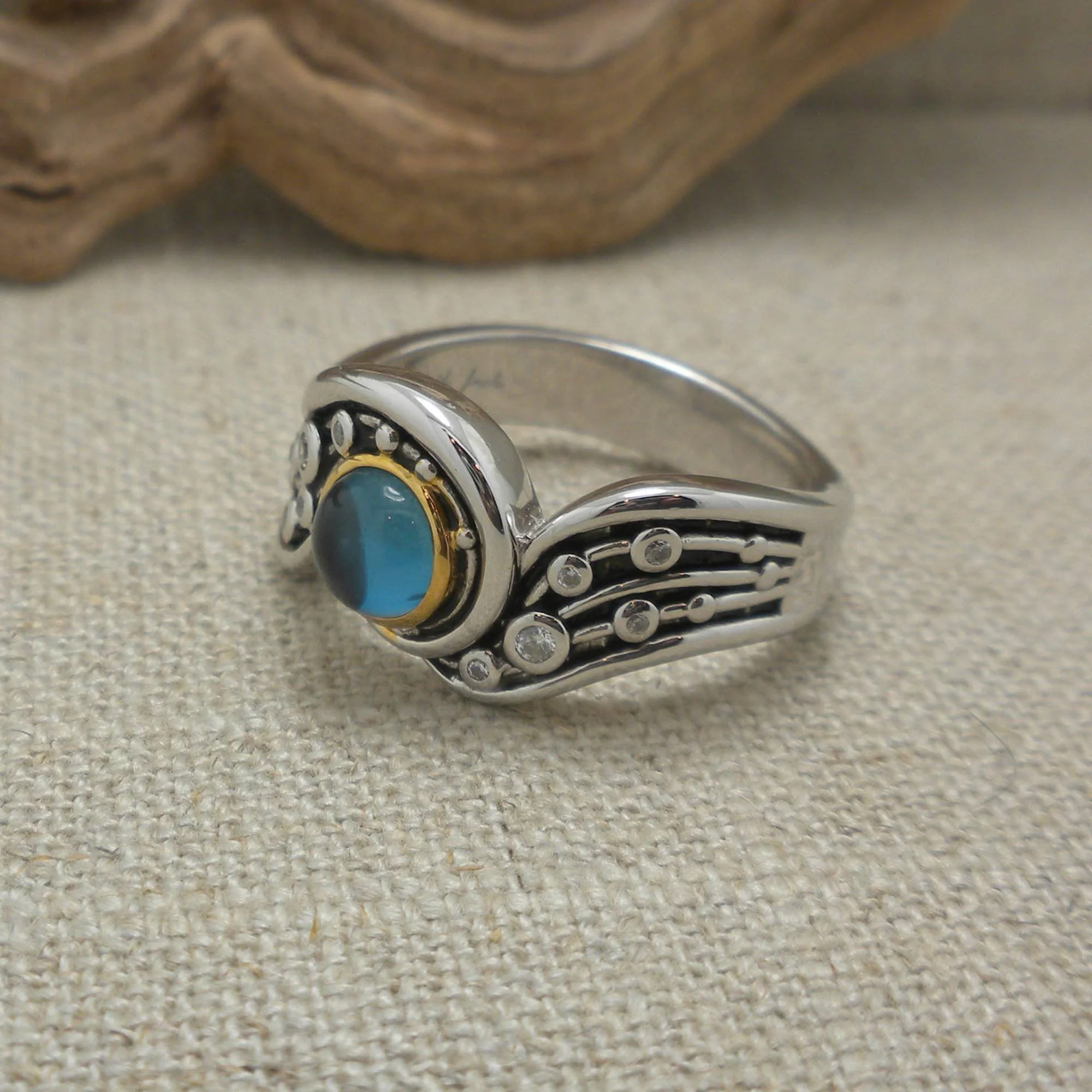 Sterling Silver &amp; 10K Celestial Ring with London Blue Topaz