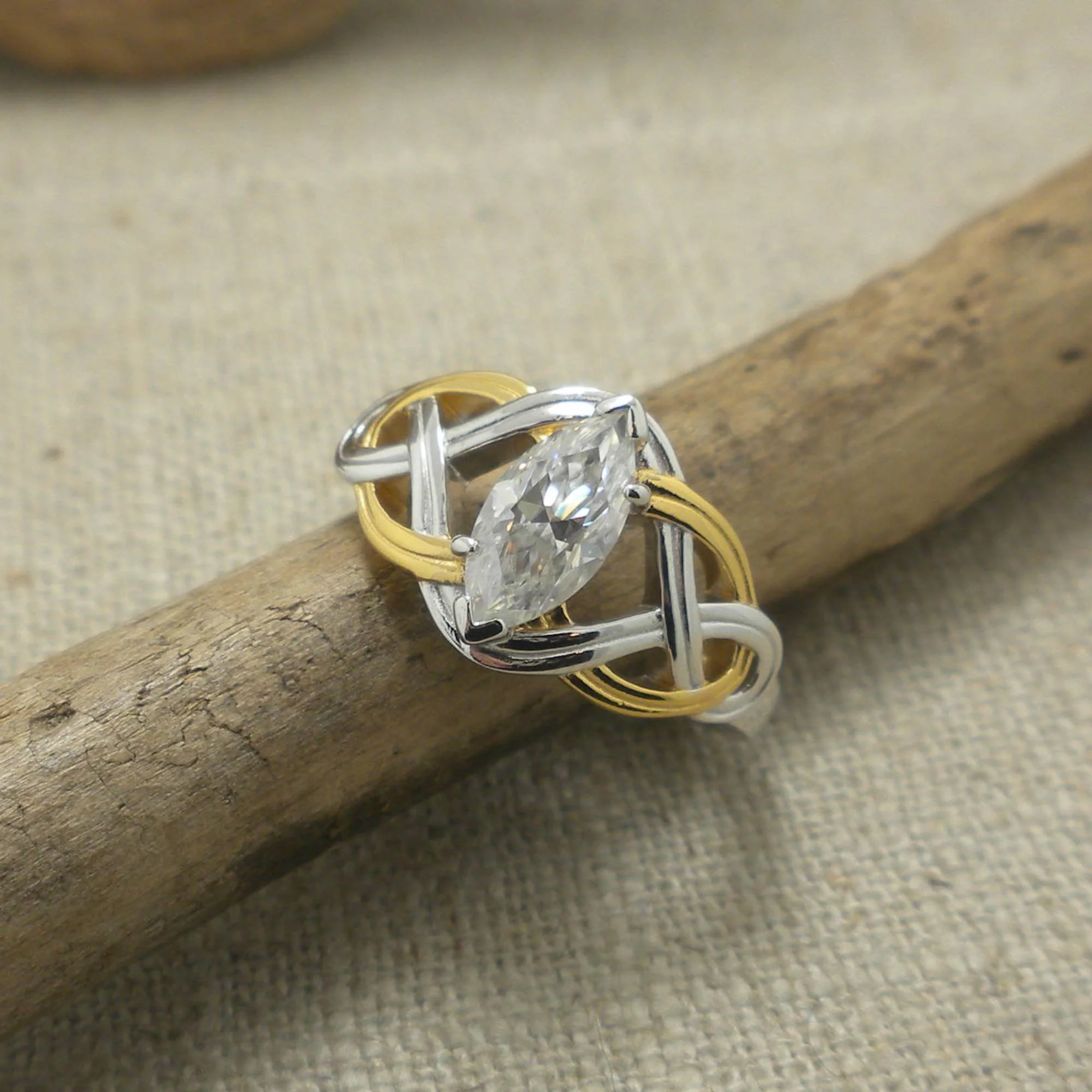 Sterling Silver and 18K Vermeil Celtic Ring with Marquise Moissanite