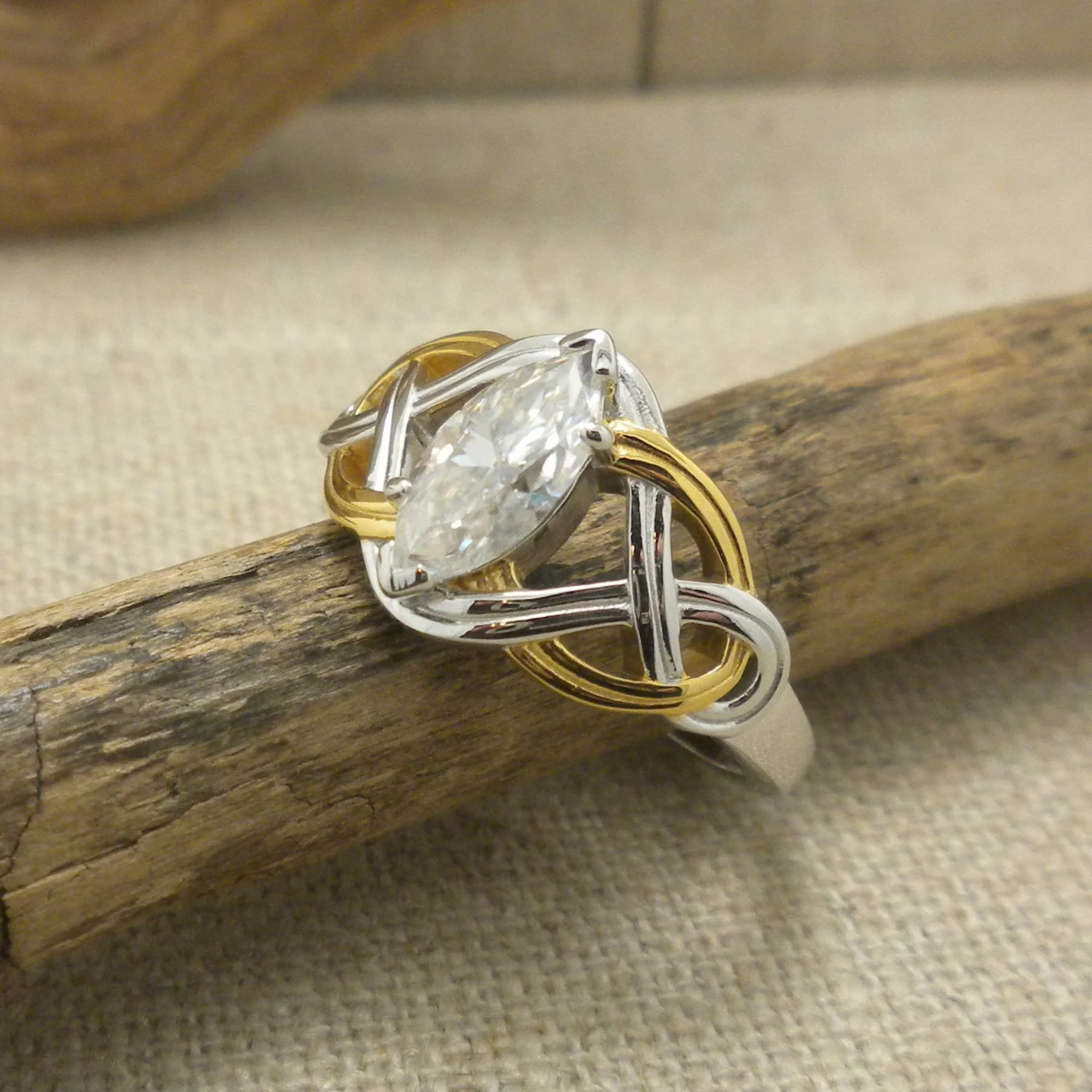 Sterling Silver and 18K Vermeil Celtic Ring with Marquise Moissanite