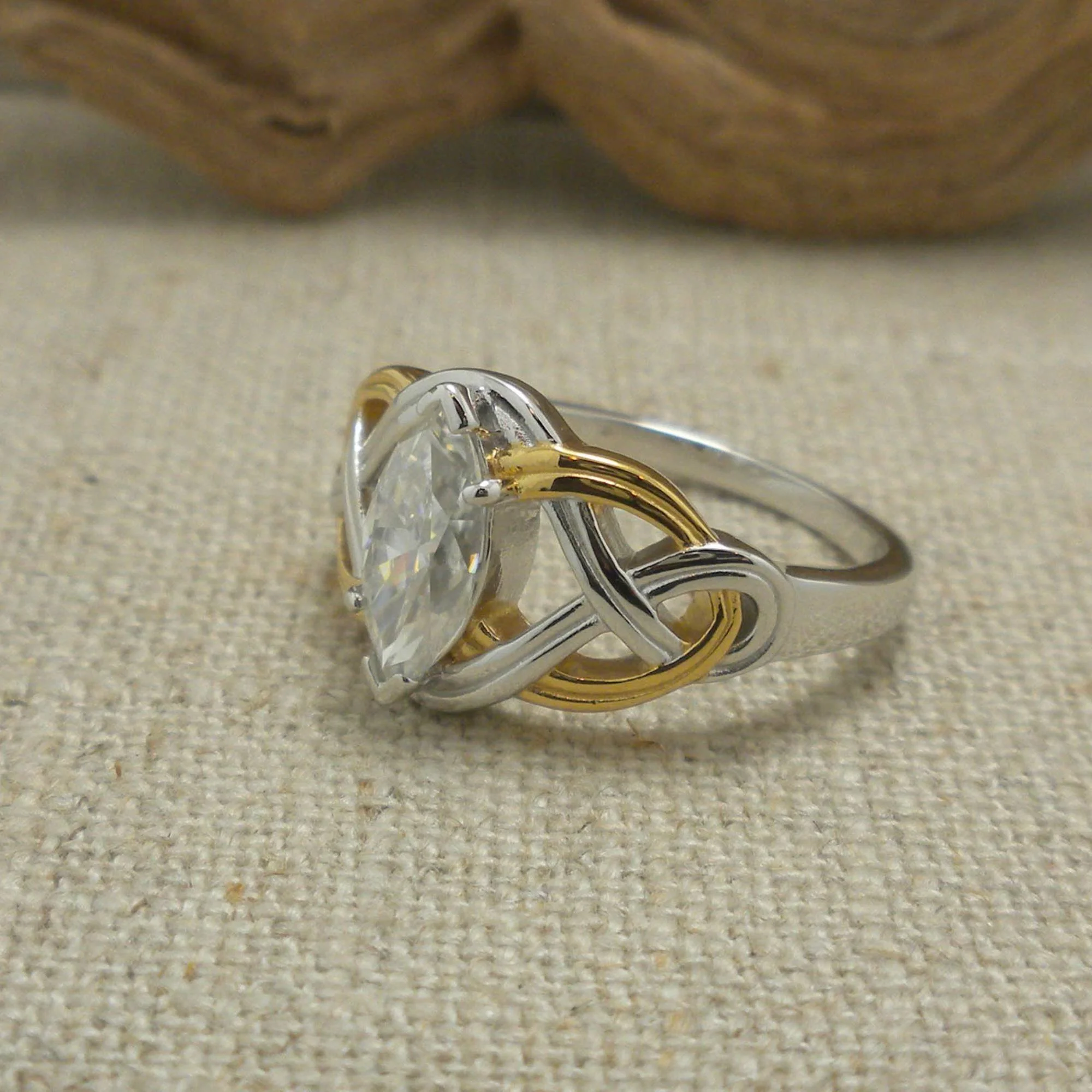 Sterling Silver and 18K Vermeil Celtic Ring with Marquise Moissanite