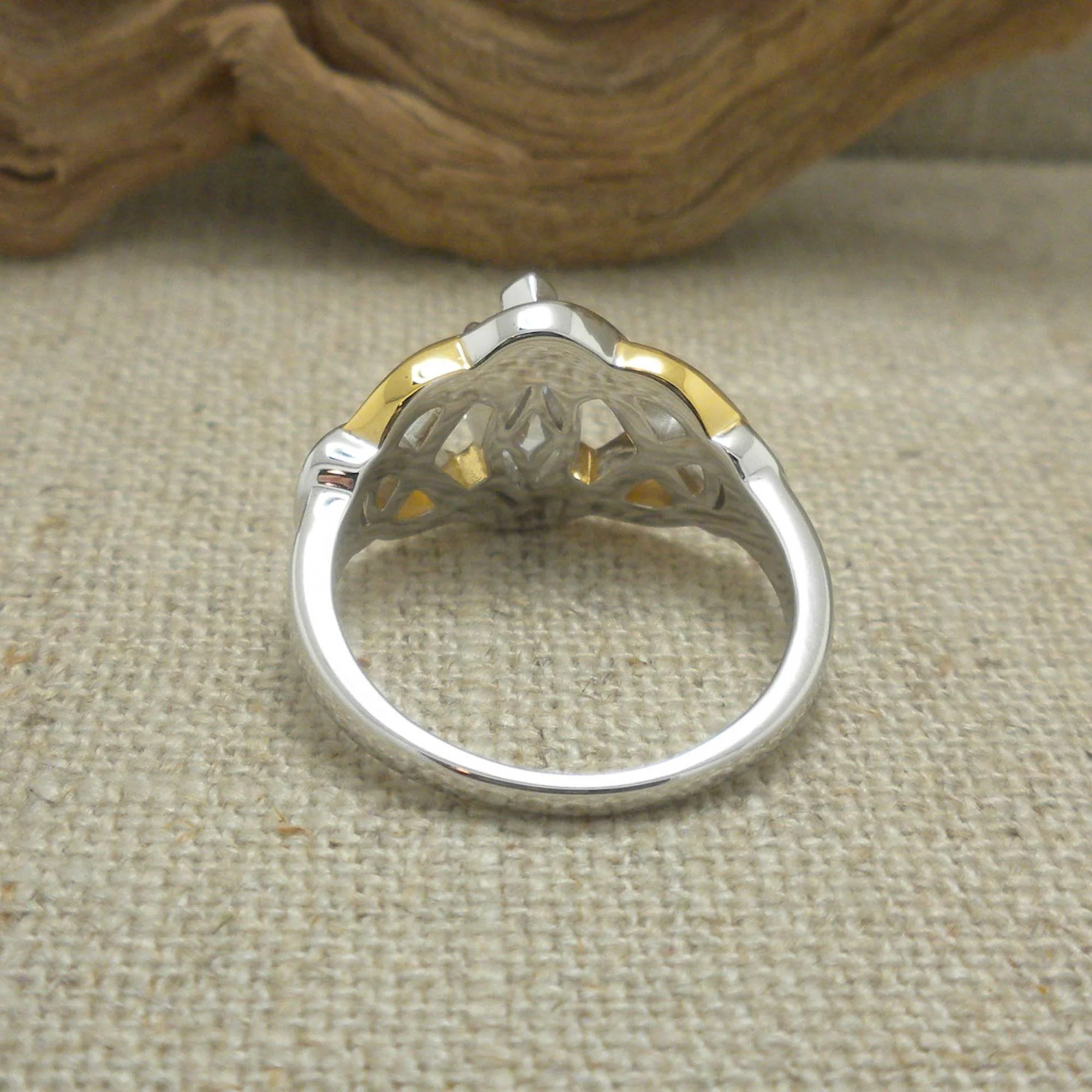 Sterling Silver and 18K Vermeil Celtic AlchemyRing with Marquise Moissanite