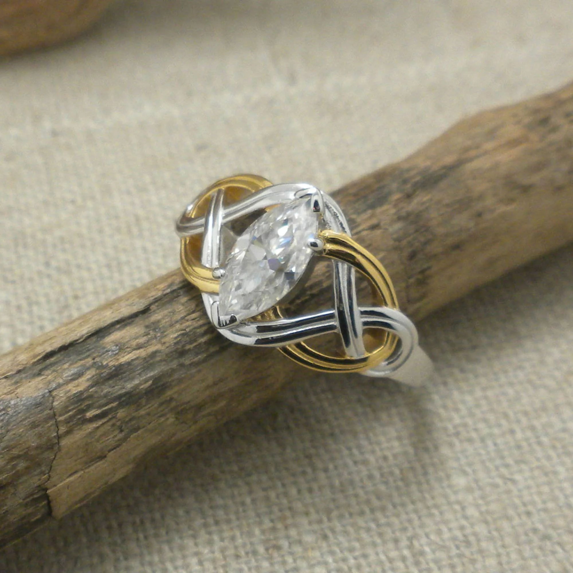 Sterling Silver and 18K Vermeil Celtic Ring with Marquise Moissanite