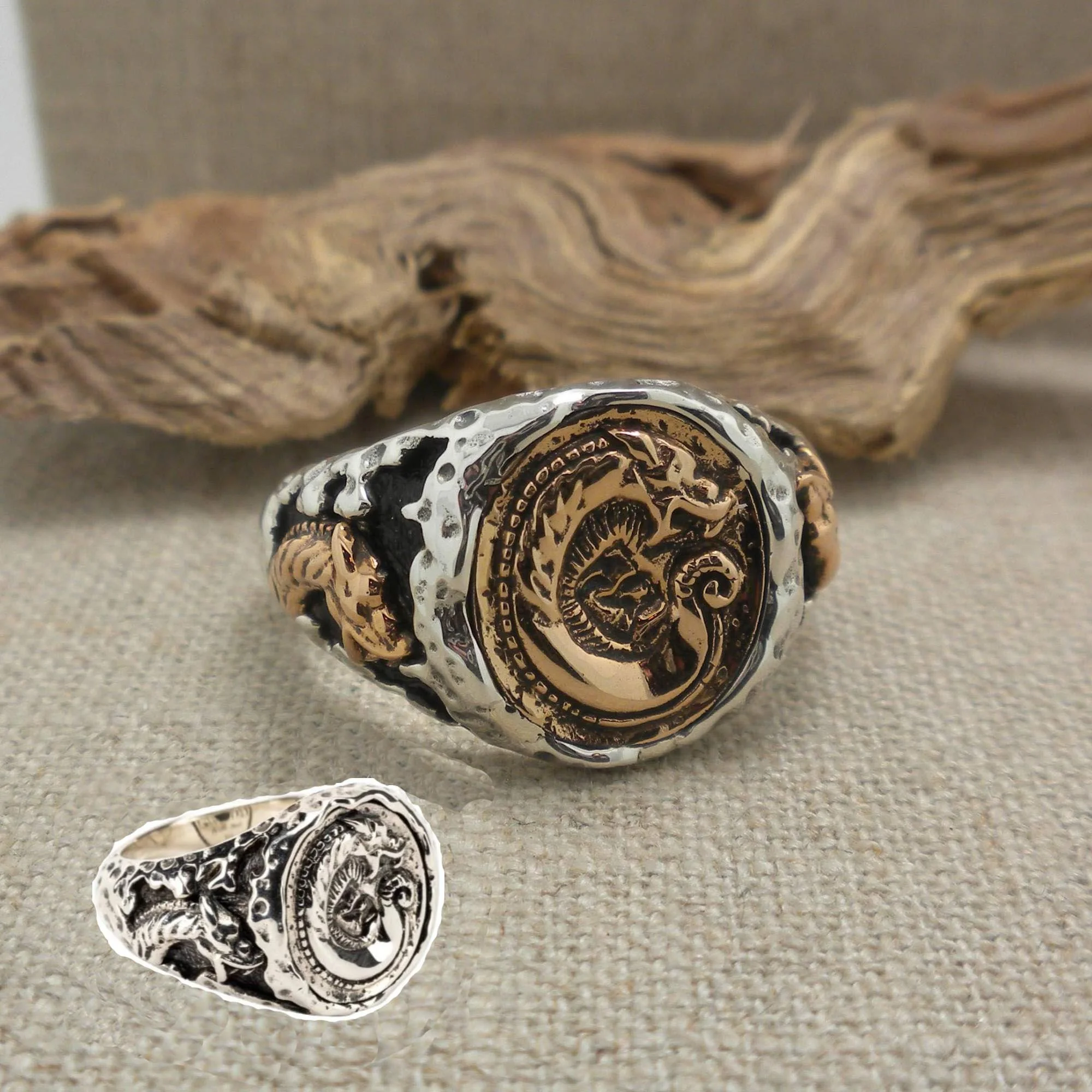 Large All Sterling or Sterling and Bronze Dragon Ring