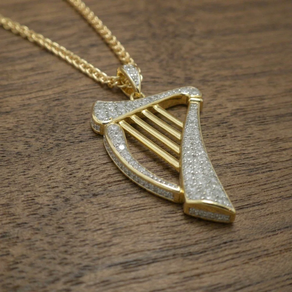 Vermeil Irish Harp Pendant with CZs make in Ireland by FADO