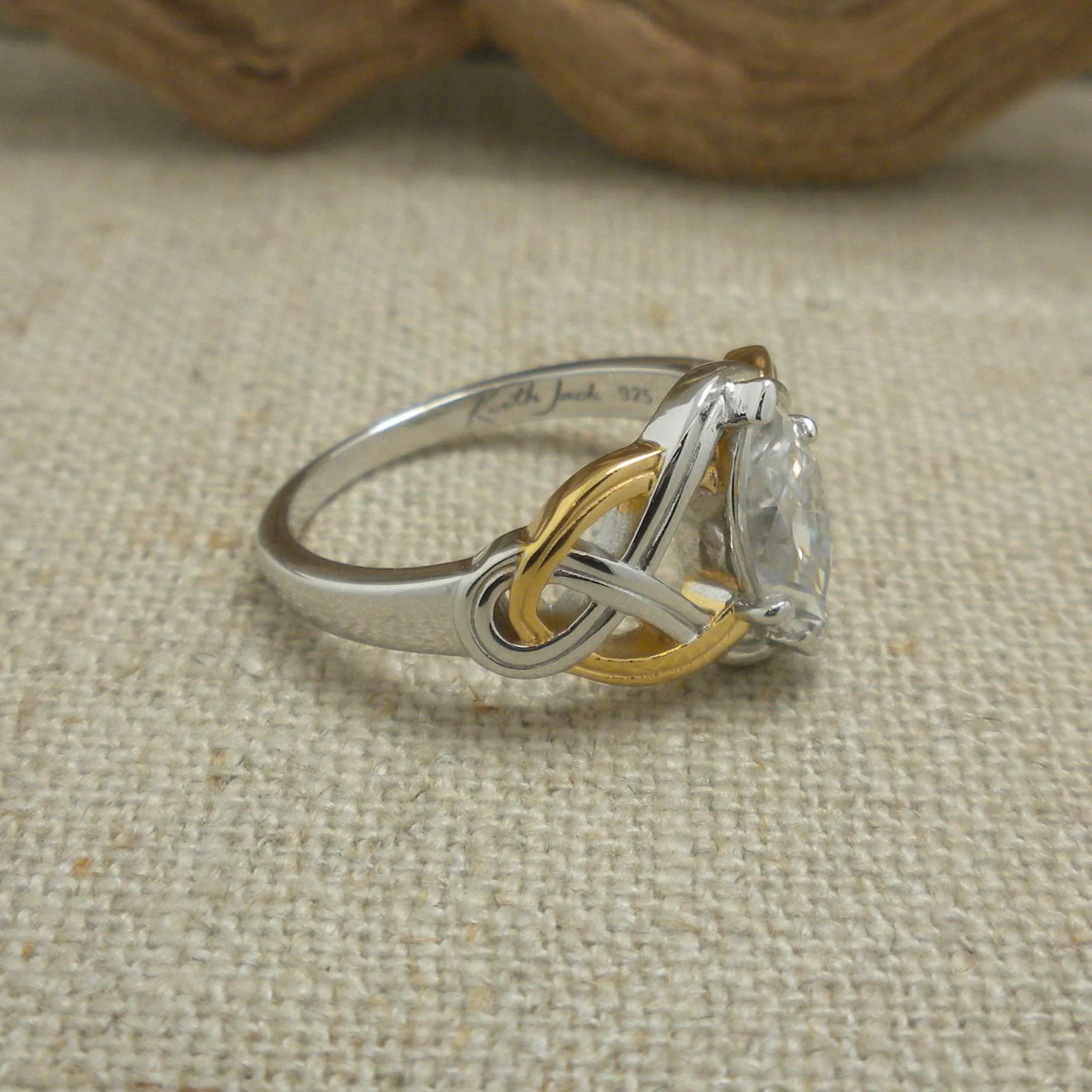 Sterling Silver and 18K Vermeil Celtic Ring with Marquise Moissanite