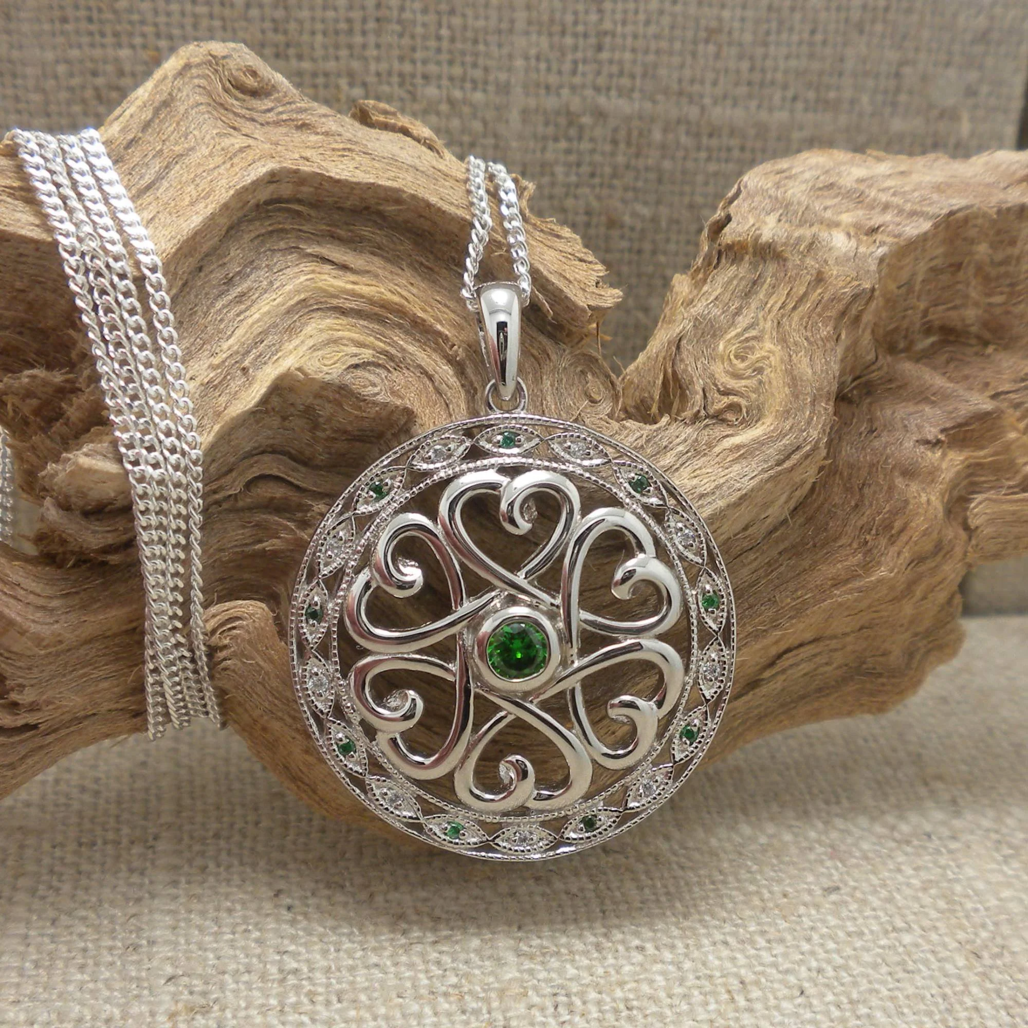 Sterling Silver Irish Celtic Heart Pendant with White & Green CZs