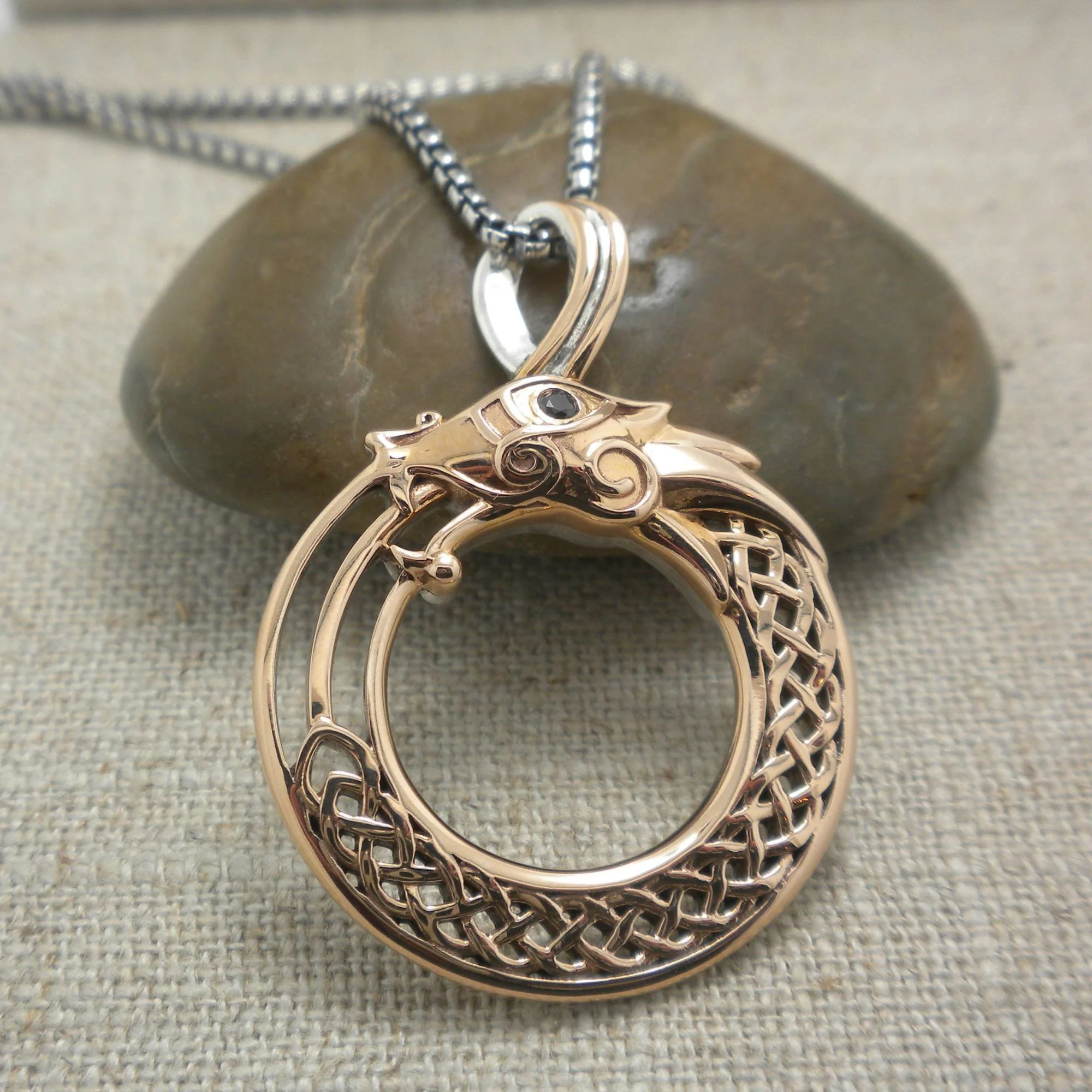 Sterling Silver & Bronze Celtic Dragon Pendant with Black CZ Eye