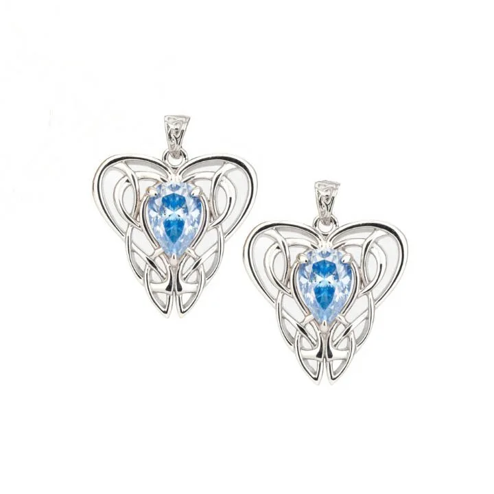 Sterling Silver Celtic Heart Earrings with Light Blue Moissanite