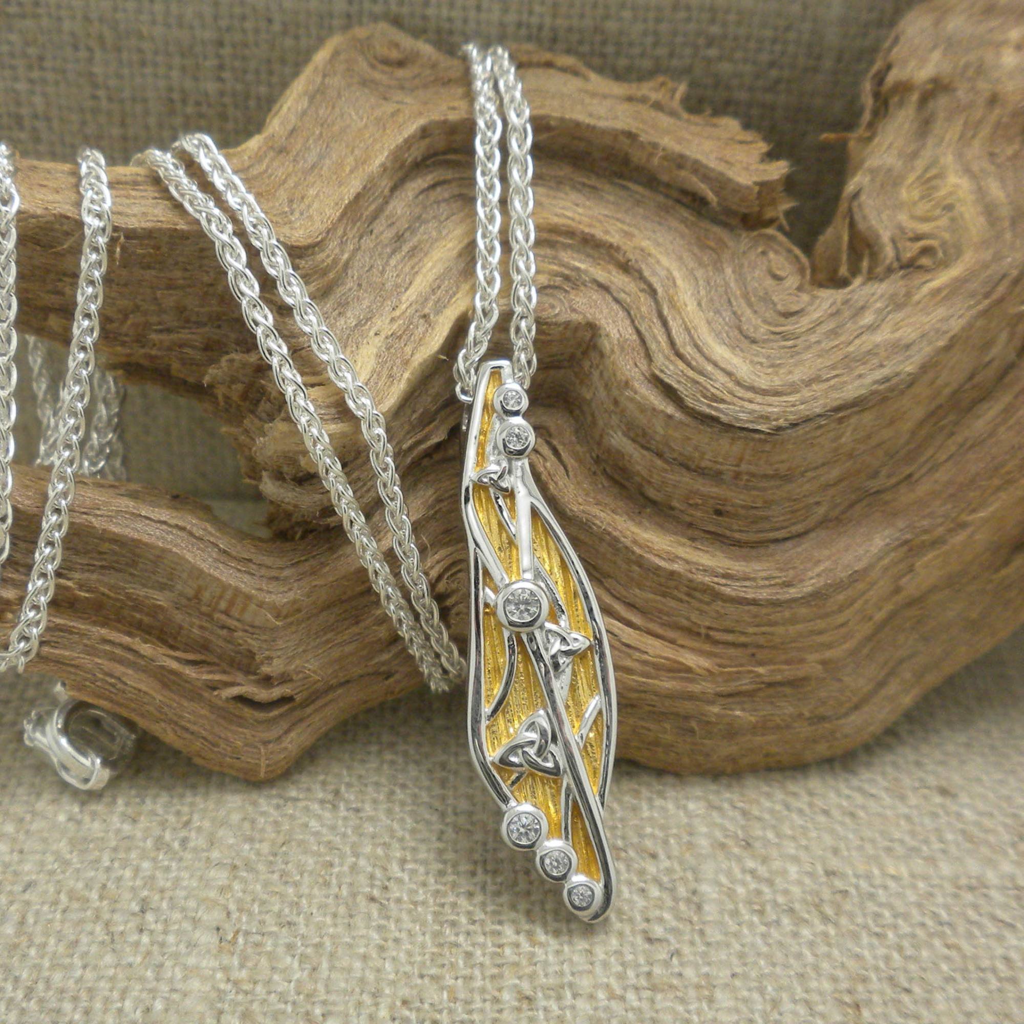 Sterling Silver Celtic Trinity Knot Celestial Pendant with 23K Gilding with CZs