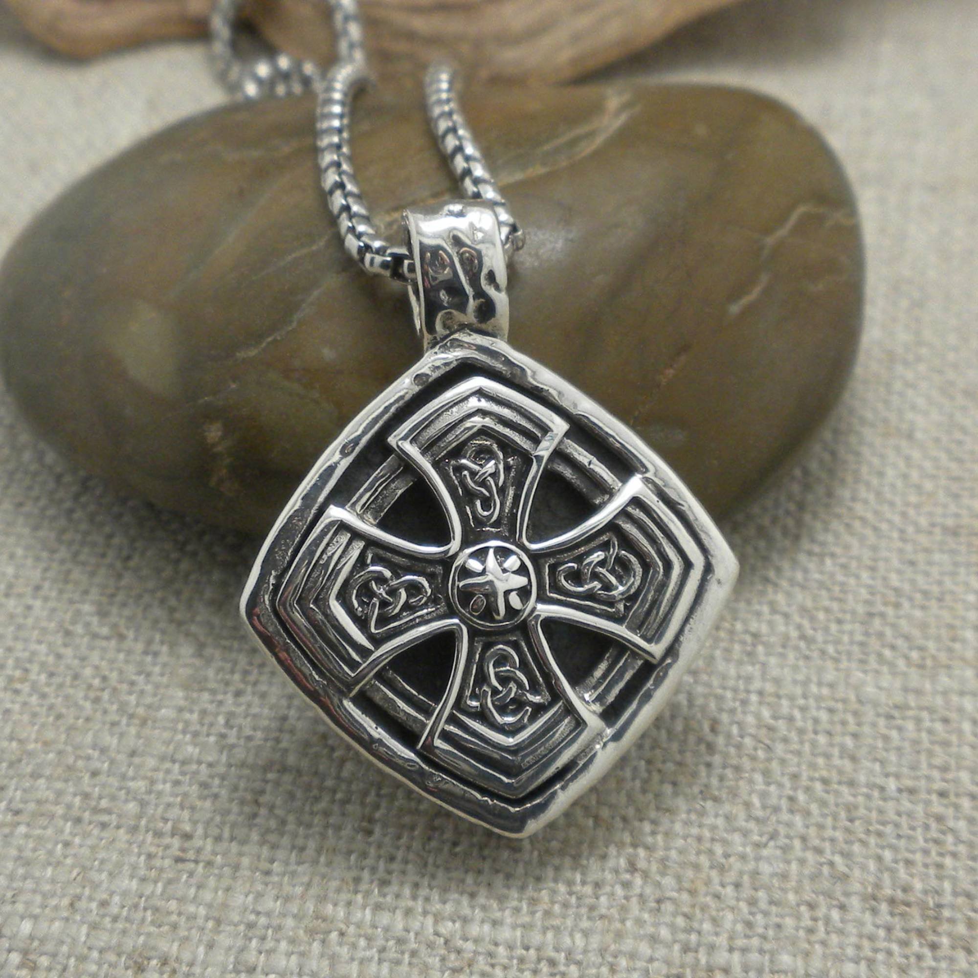 Large Sterling Silver Cushion Celtic Cross Pendant