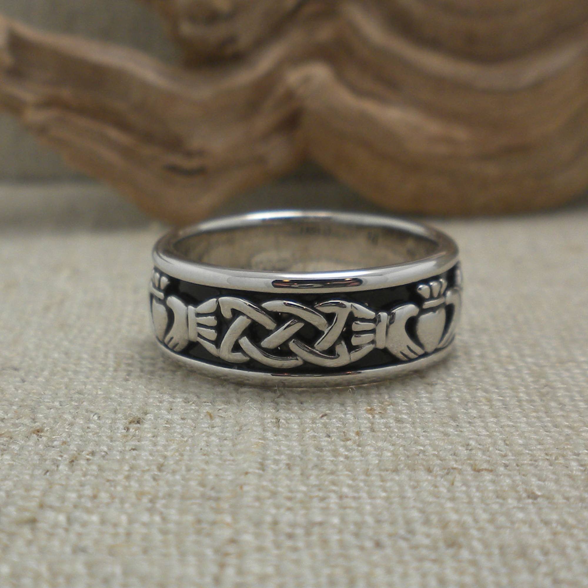 Sterling Silver Claddagh Ring with Black Enamel Background