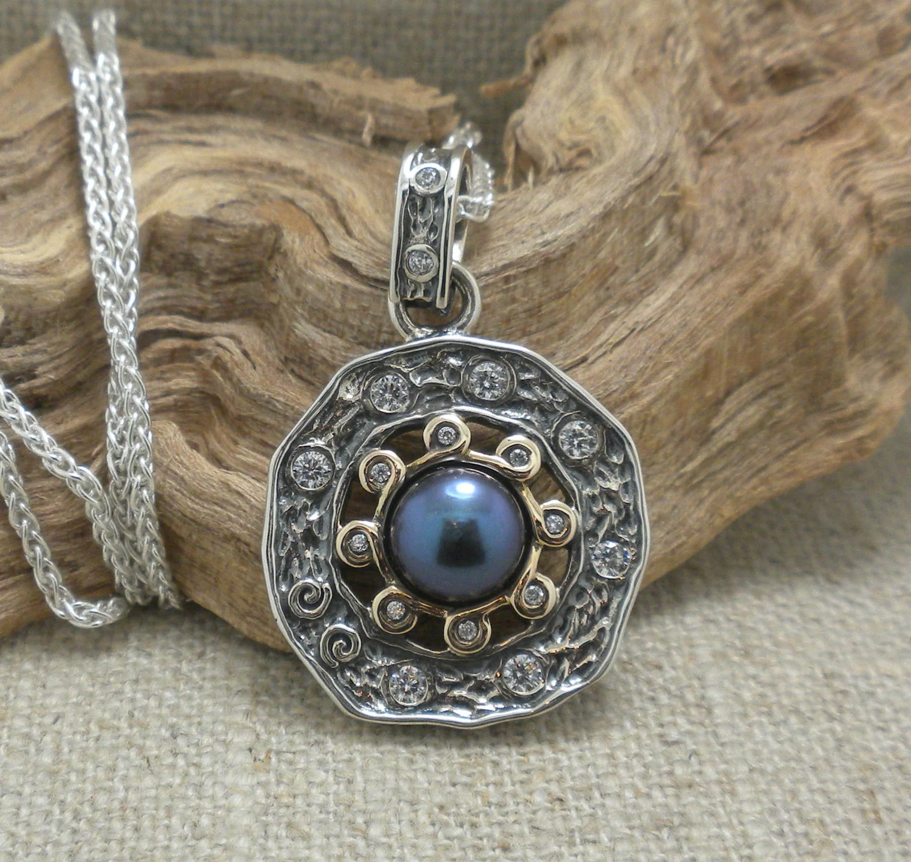 Sterling Silver & 10K Aphrodite Pendant with Freshwater Peacock Pearl