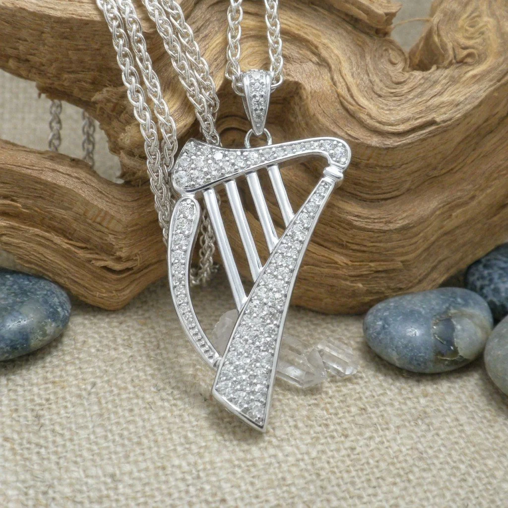 Sterling Silver Irish Harp Pendant with CZs made in Ireland by FADO