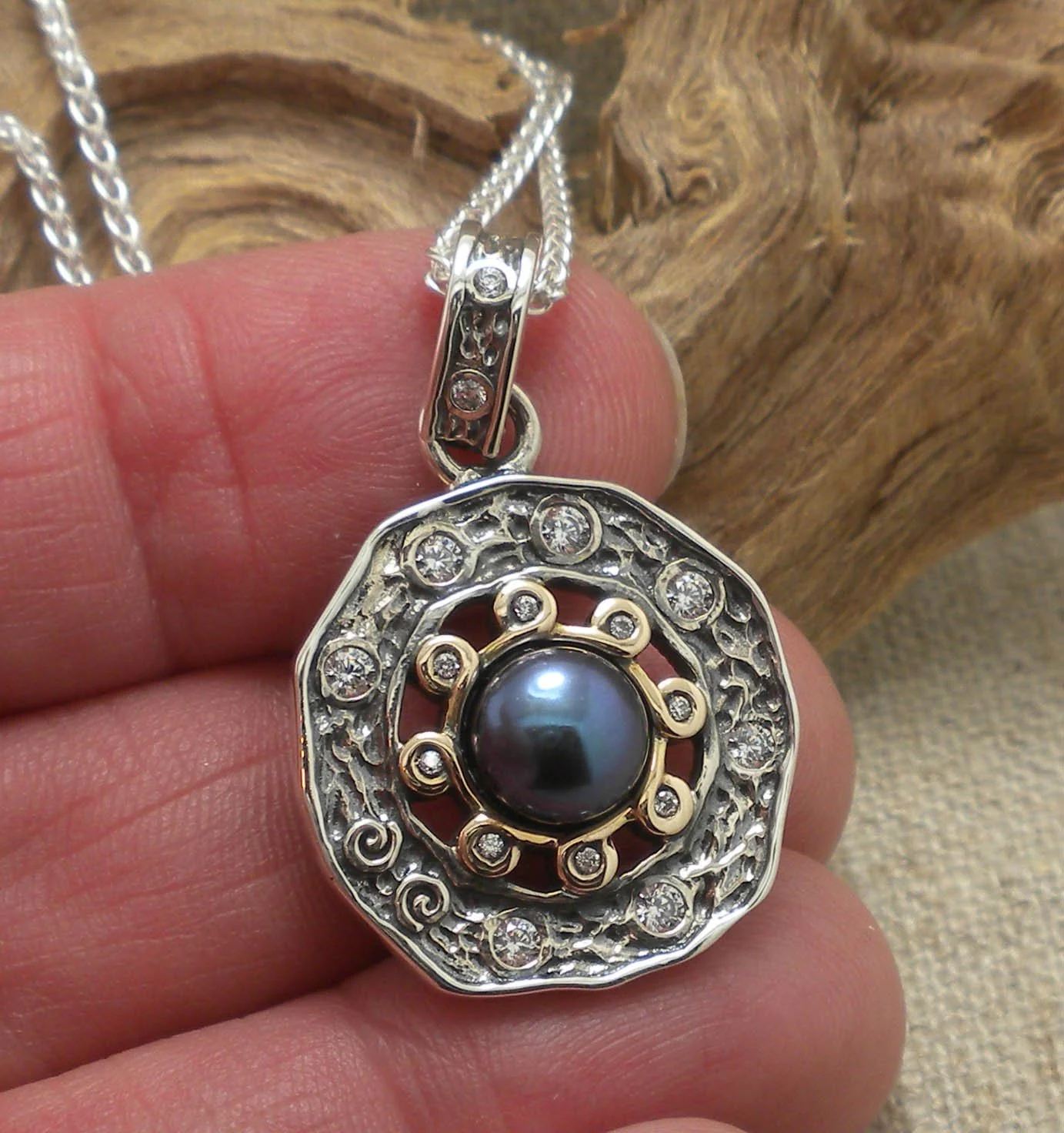 Sterling Silver & 10K Aphrodite Pendant with Freshwater Peacock Pearl