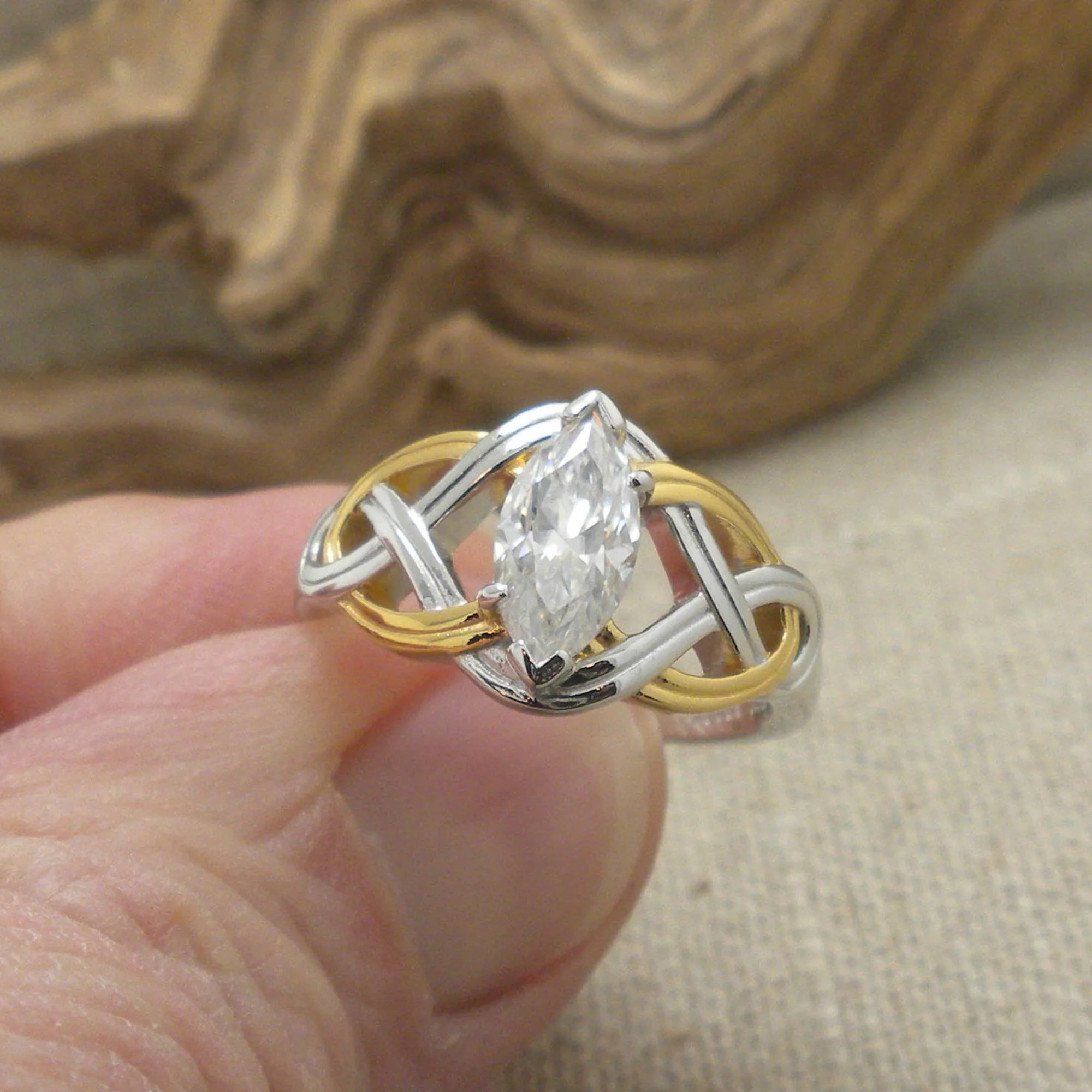 Sterling Silver and 18K Vermeil Celtic Ring with Marquise Moissanite by Keith Jack