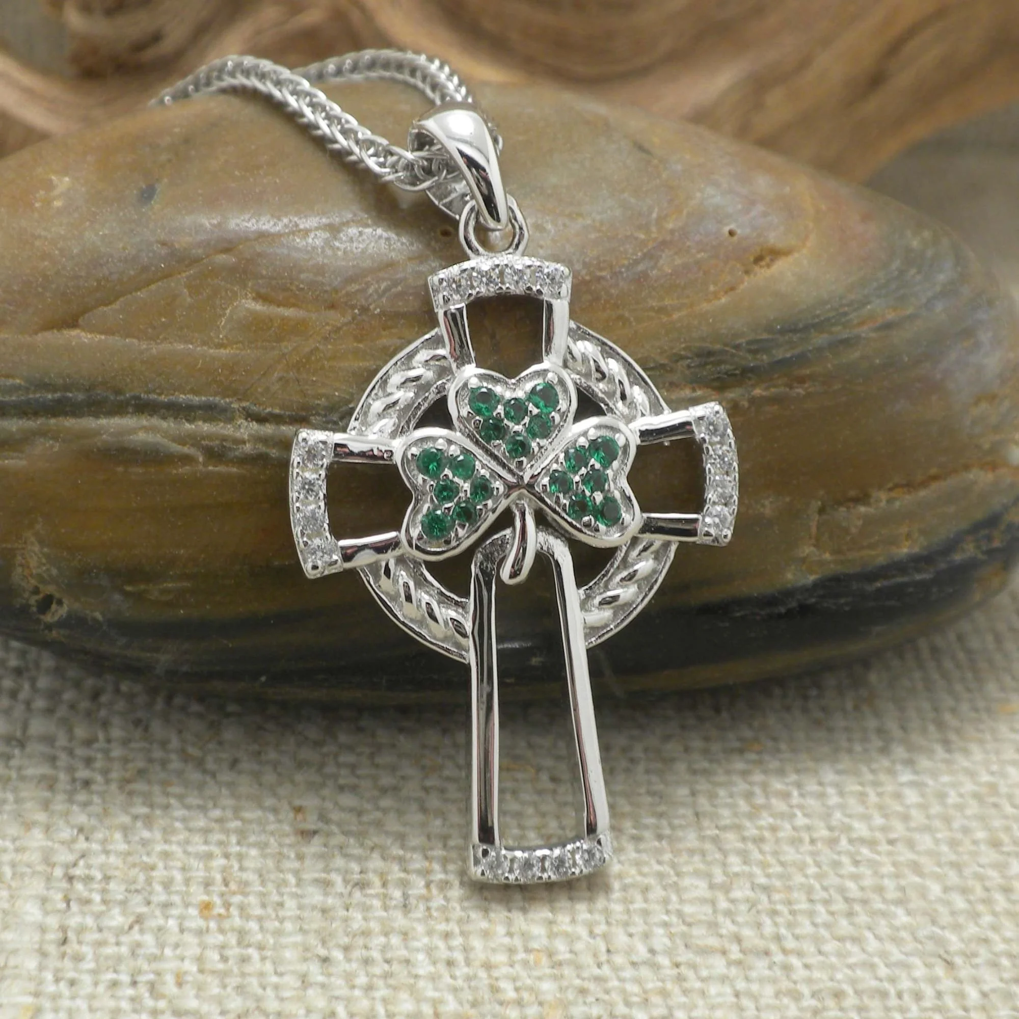 Celtic Cross with Green Shamrock Accent and CZs
