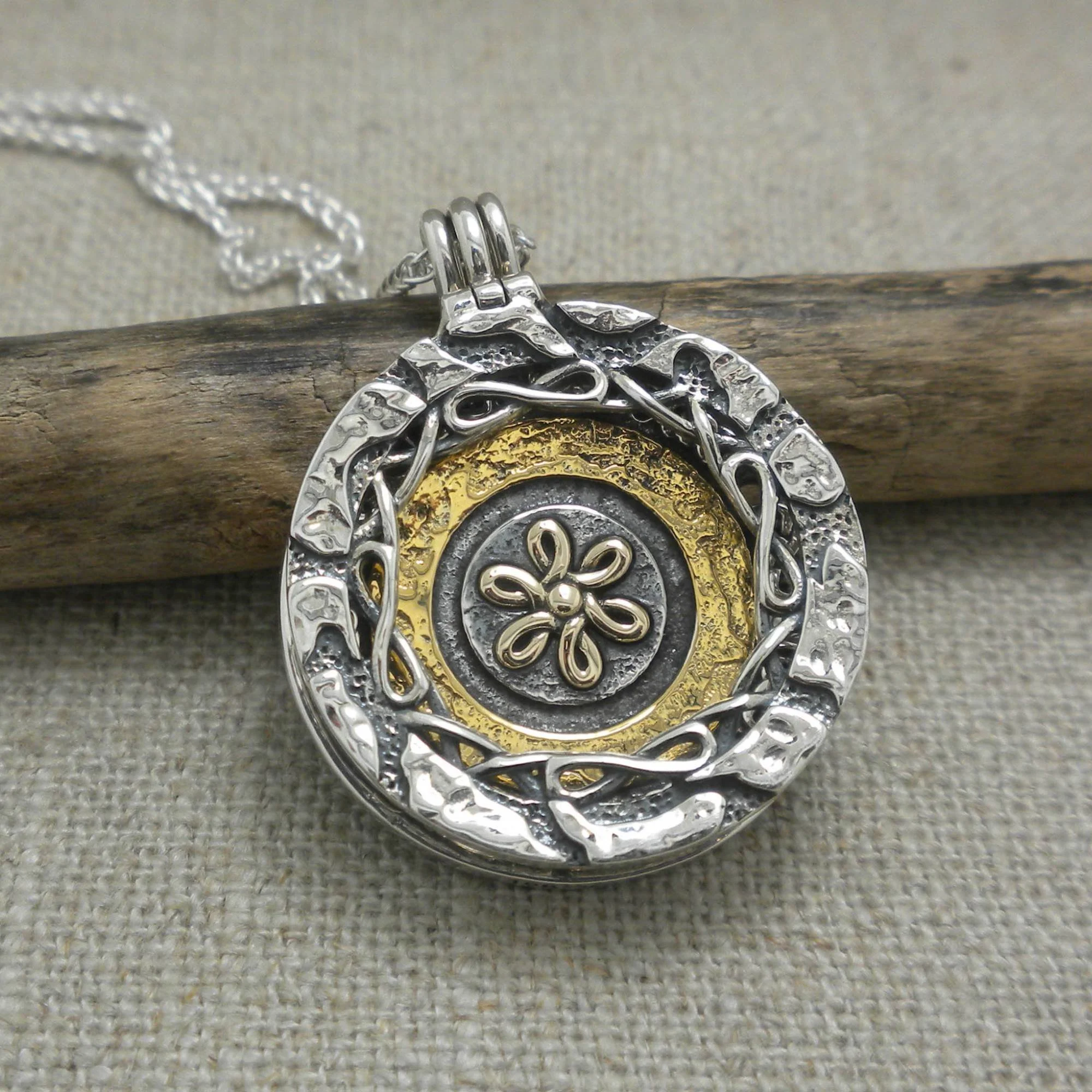 Sterling, 10K & 14K Gilding Eclipse Pendant Flower & Celtic Knots Framed