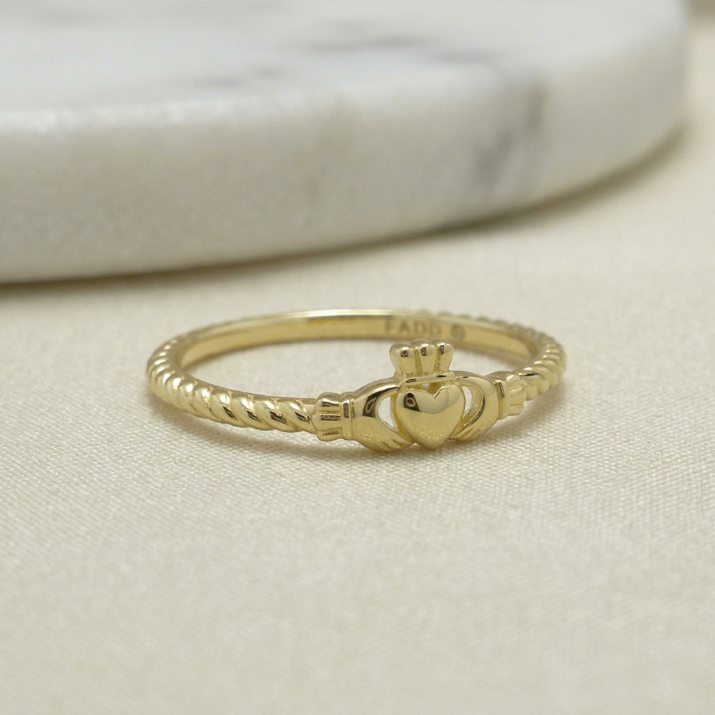 Narrow Vermeil Claddagh Ring with Twist Accent
