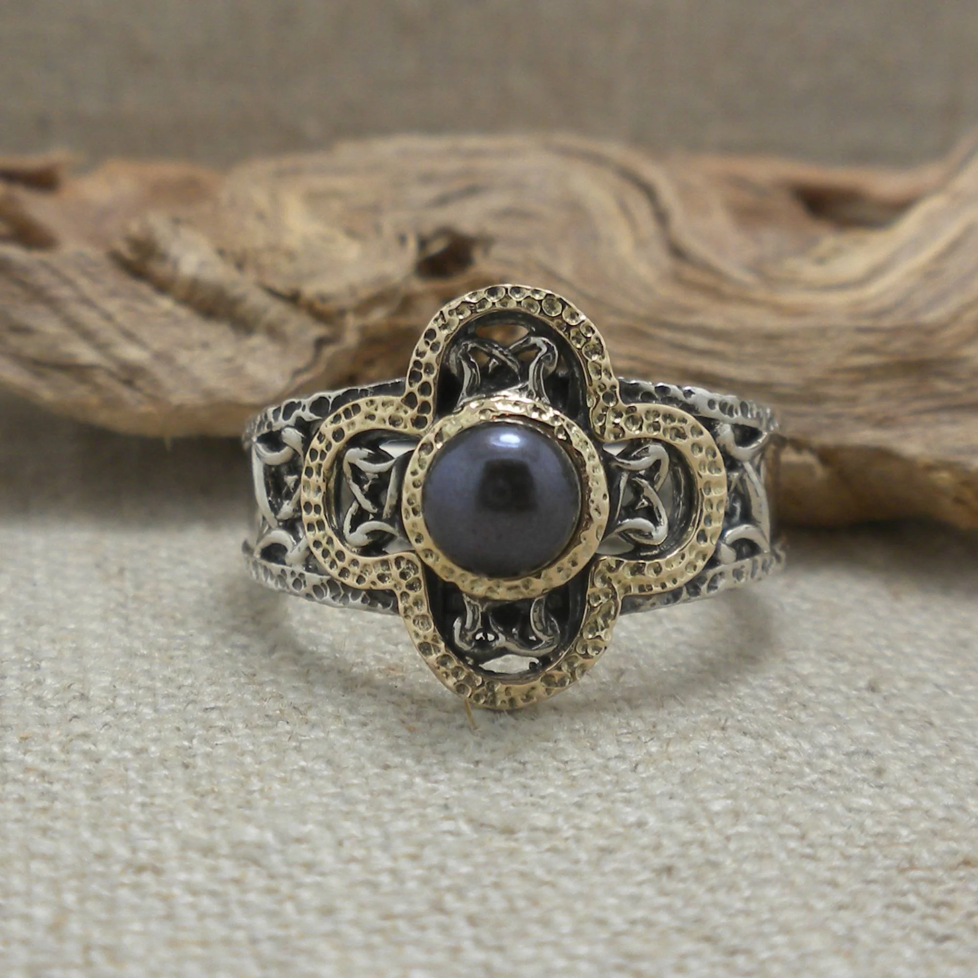 Sterling Silver & 10K Aphrodite Ring with Celtic Knots & Peacock Pearl