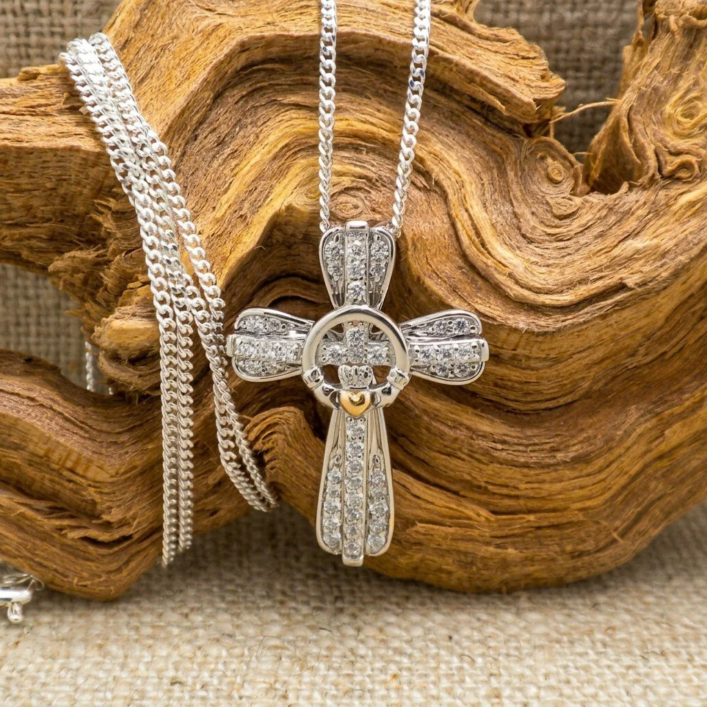 Sterling Silver Irish Celtic Claddagh Pendant with CZs