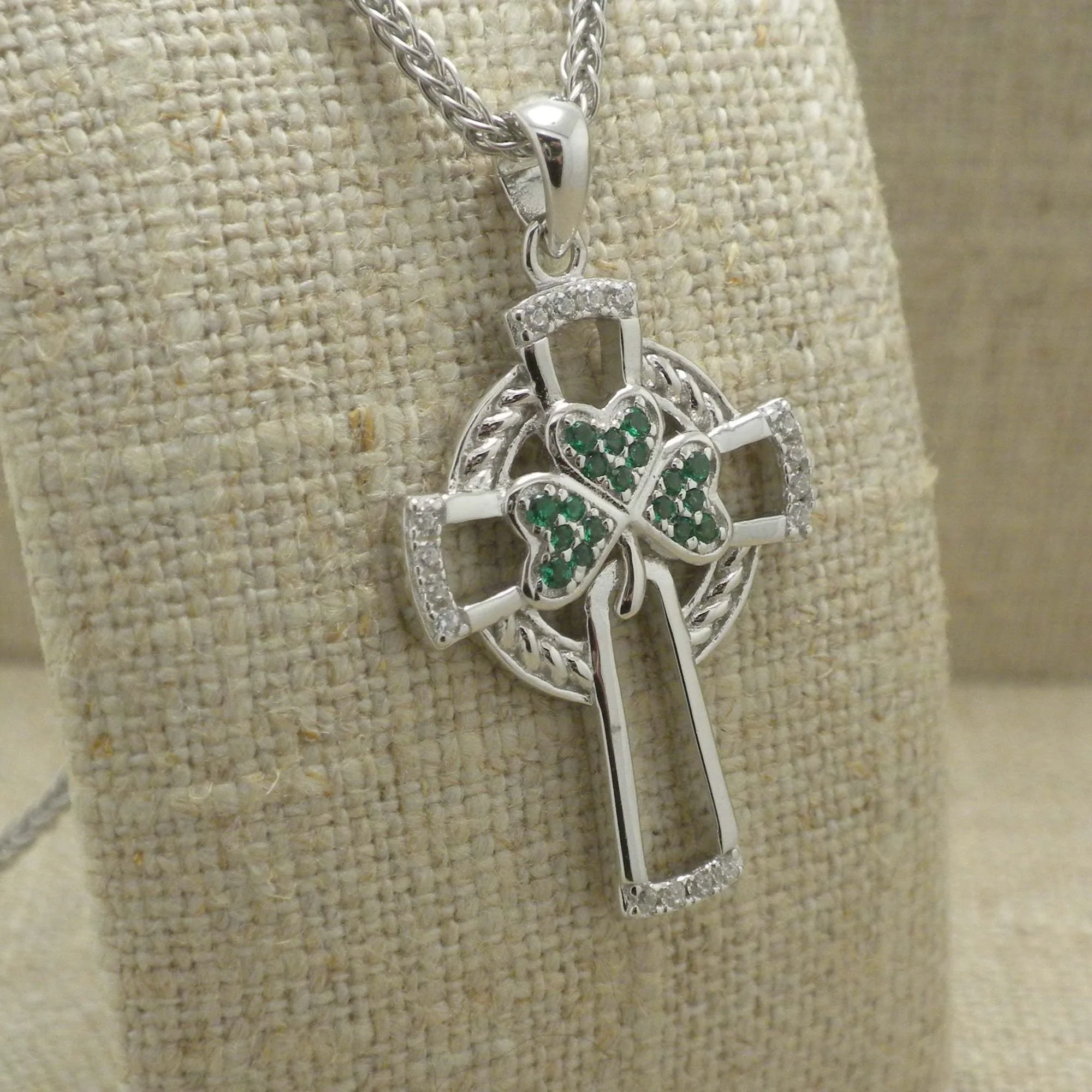 Celtic Cross with Green Shamrock Accent and CZs