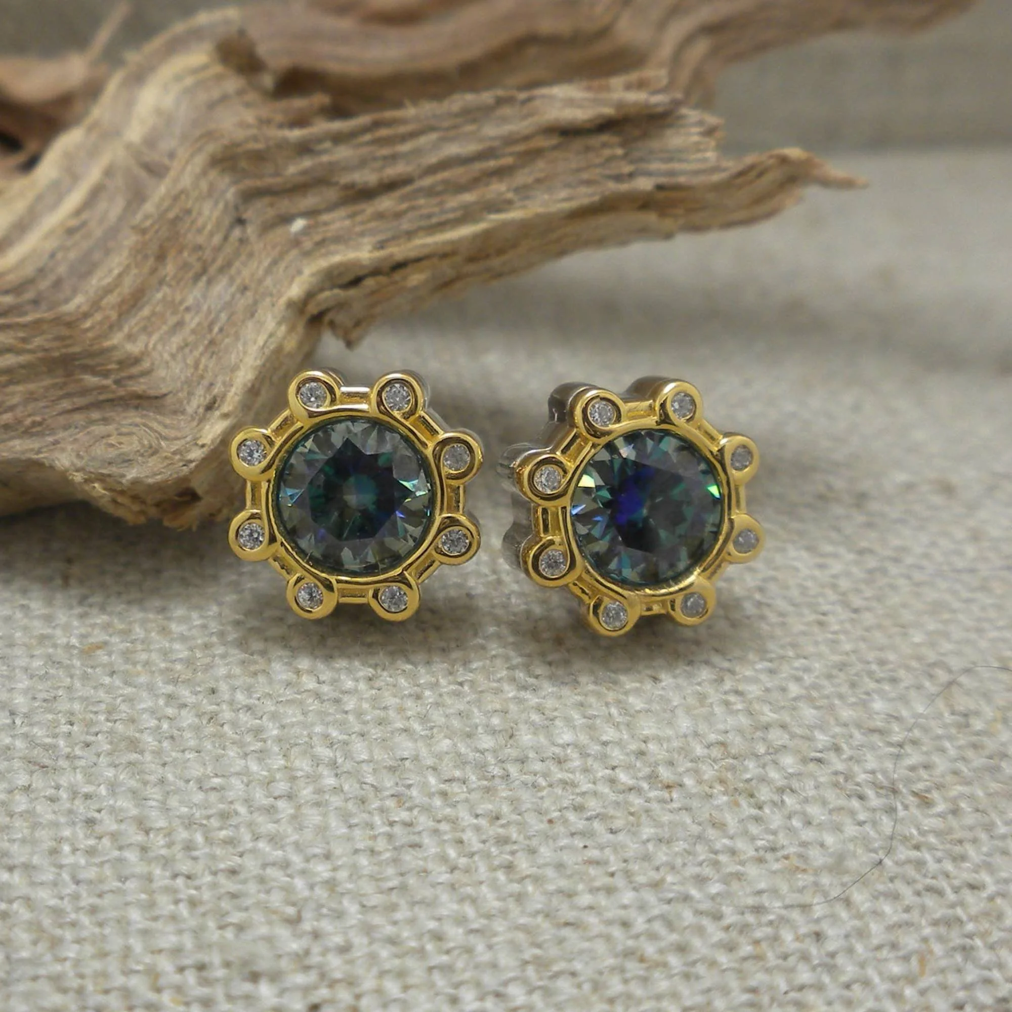 Sterling Silver and 23K Gilding Celestial Earrings with Mystic Blue Moissanite and CZs