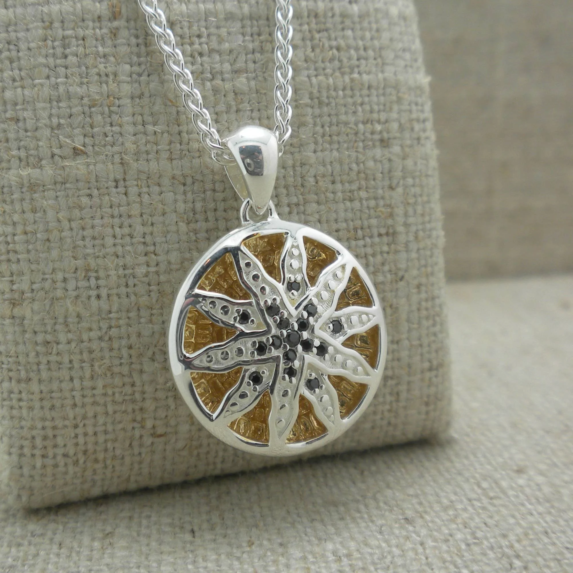 Silver with 14k Gold Gilding Celestial Pendant - Black Cubic Zirconia