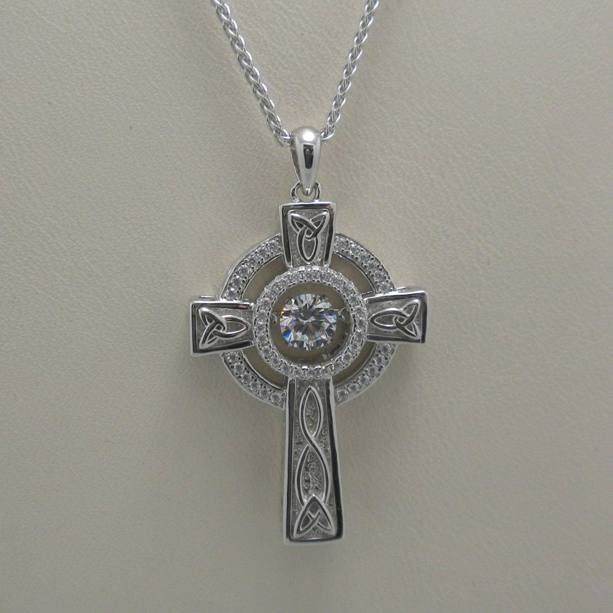 Sterling Silver Celtic Cross Pendant with Dancing CZ S