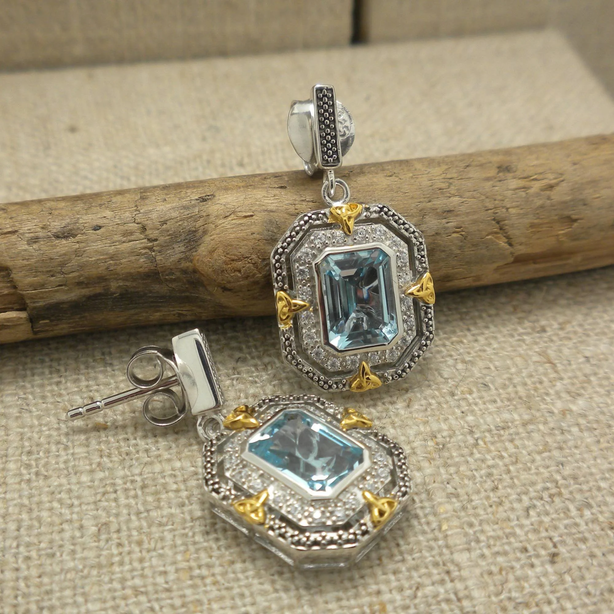 Sterling Silver & 10K Octagon Celestial Earrings with Trinity Knots & Blue Topaz