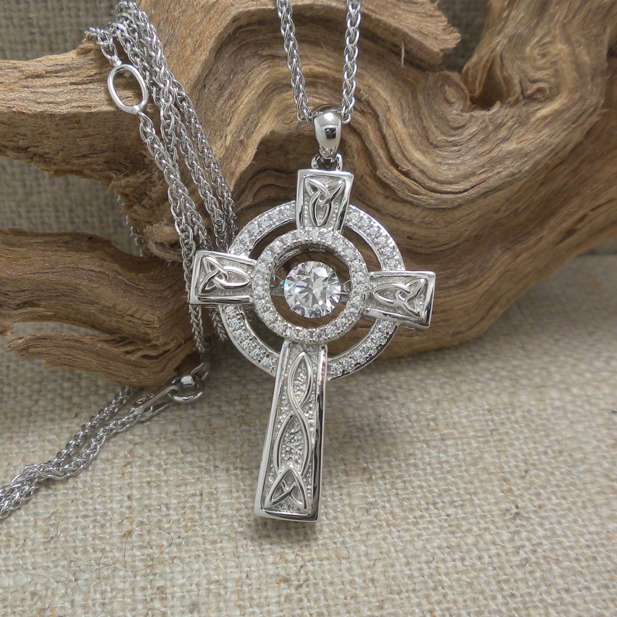 Sterling Silver Celtic Cross Pendant with Dancing CZ Stone