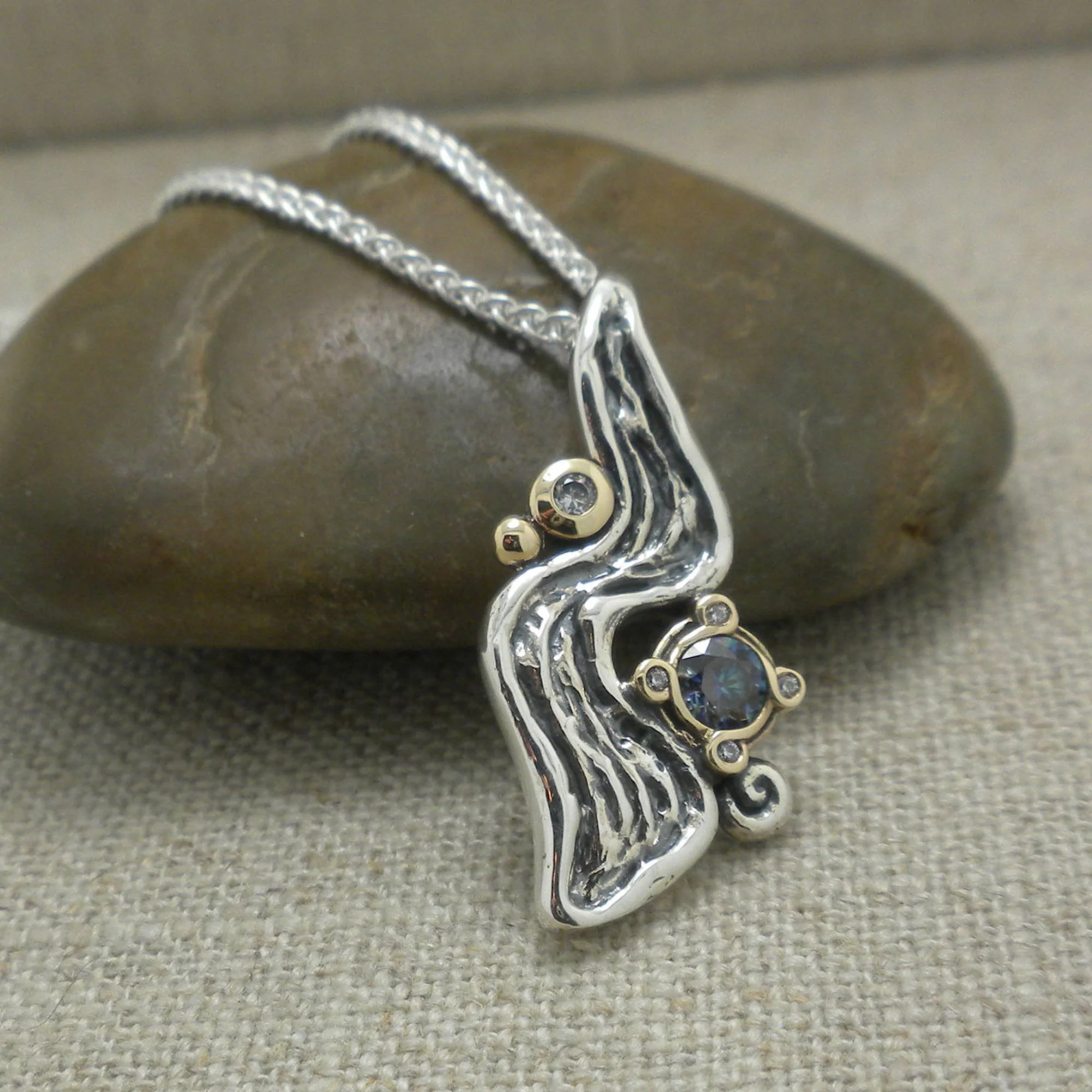 Silver and 10k Gold Rocks 'n Rivers Pendant with Mystic Blue Moissanite
