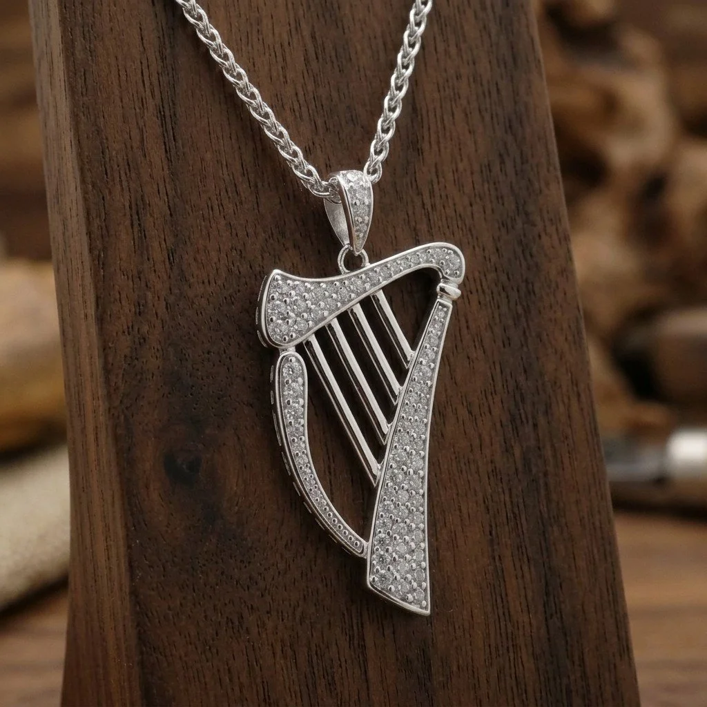 Sterling Silver Irish Harp Pendant with CZs