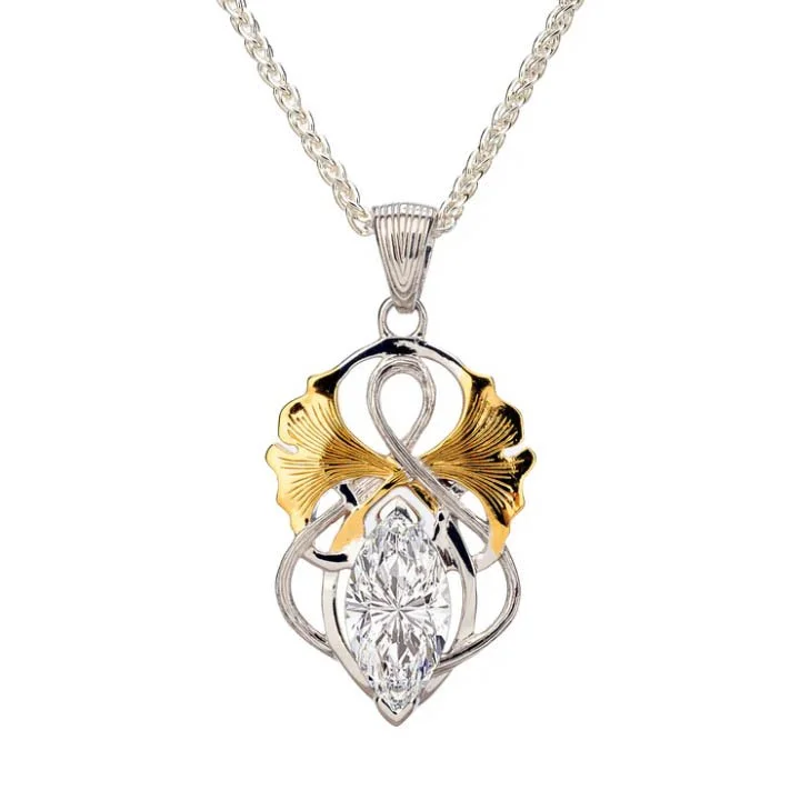 Silver and 18k Vermeil with White Moissanite Alchemy Ginkgo Leaf Angel Pendant