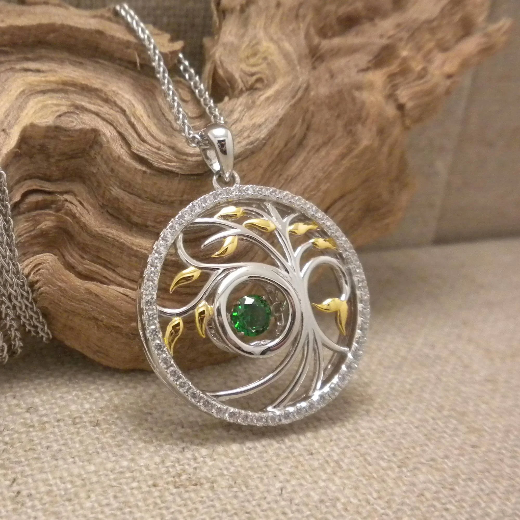 Sterling Silver Celtic Tree of Life Pendant with Green Dancing CZ Stone