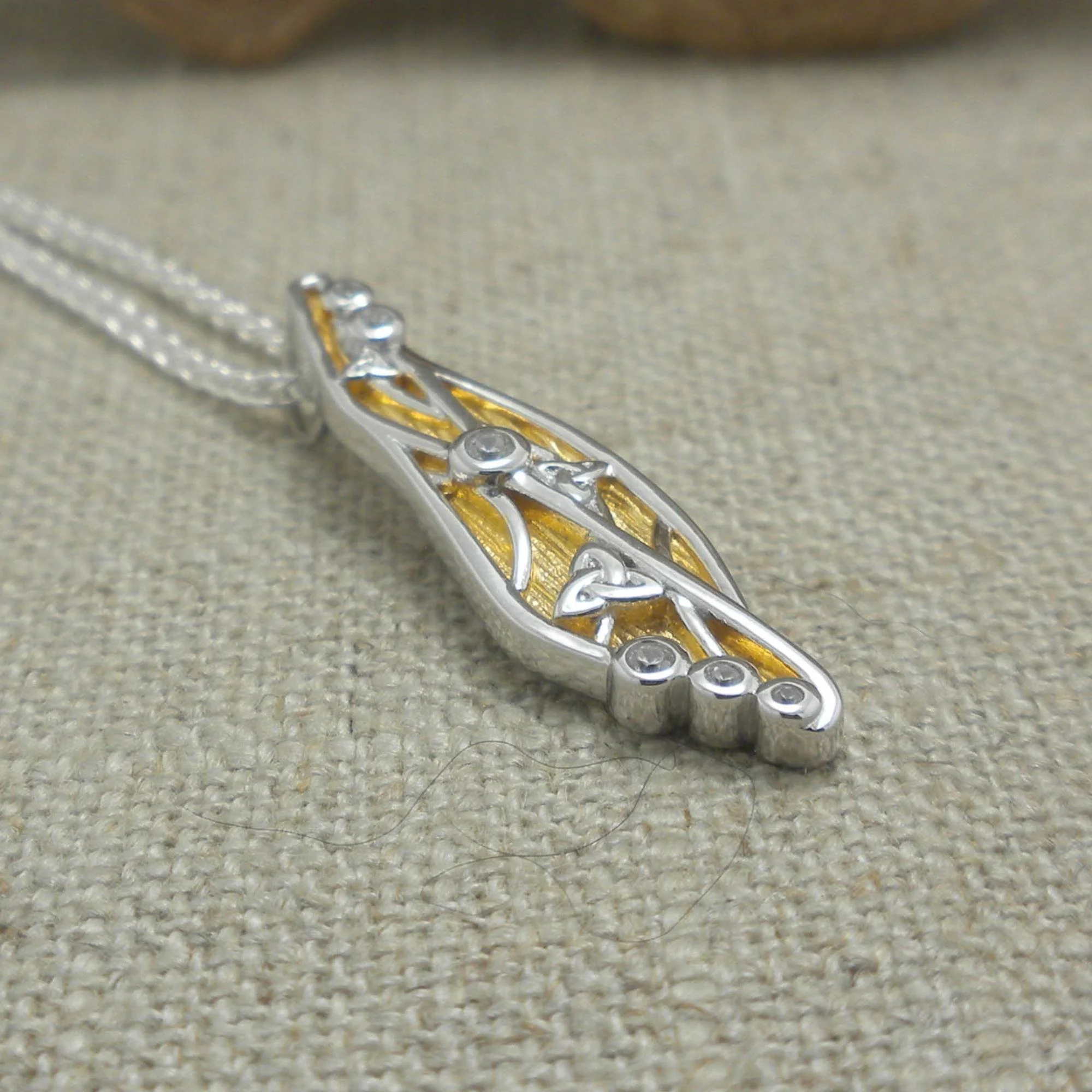 Sterling Silver Celtic Trinity Knot Celestial Pendant with 23K Gilding with CZs