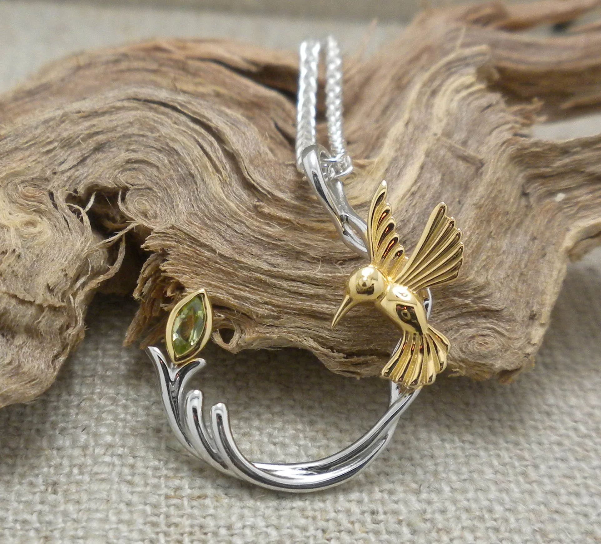 Silver & 10K Hummingbird Pendant with Peridot